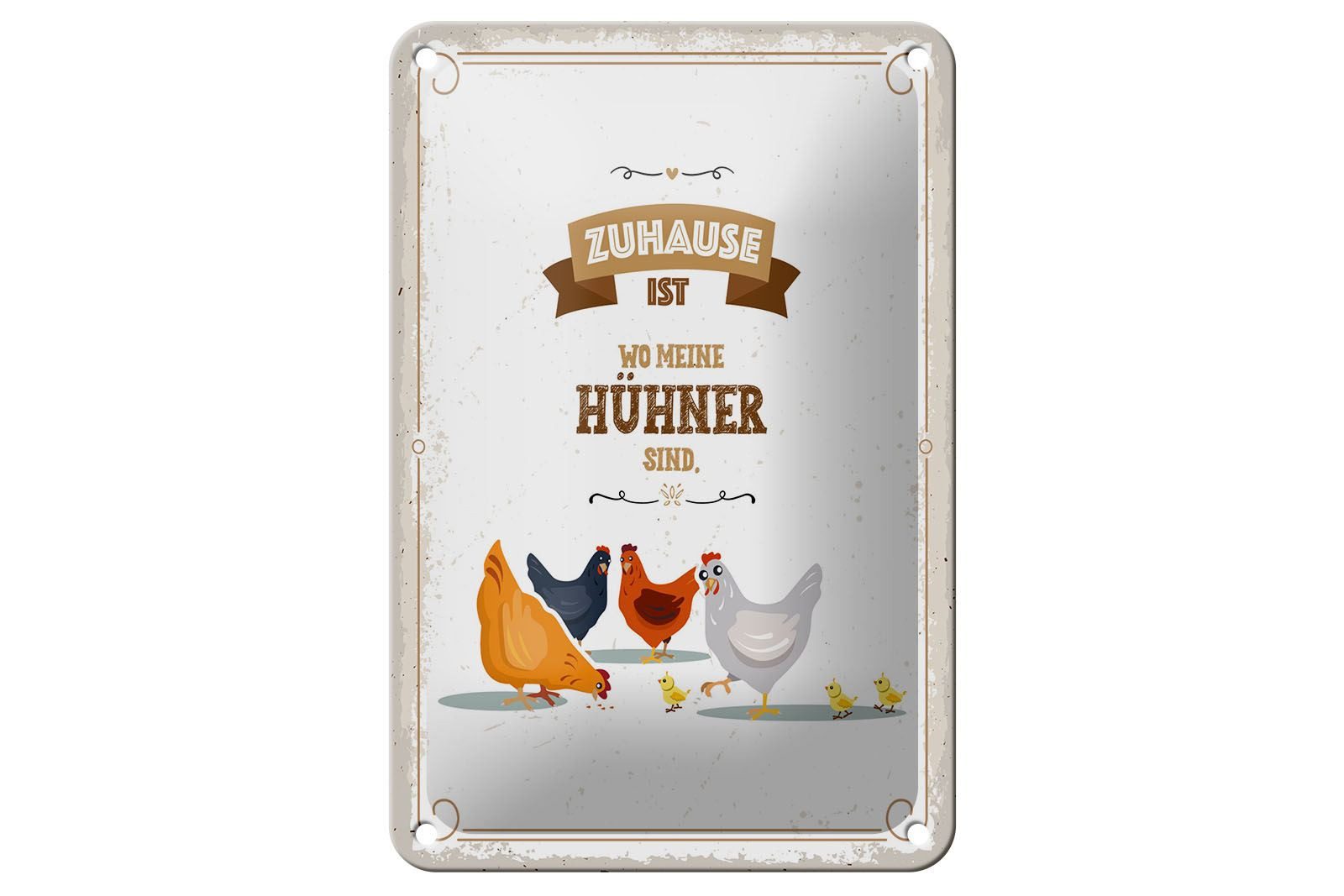 Femer GmbH Metallschild Spruch 12x18 cm Zuhause ist wo meine Hühner sind, (1 St), gewölbte Oberfläche, abgerundete Ecken, umgeschlagene Kanten