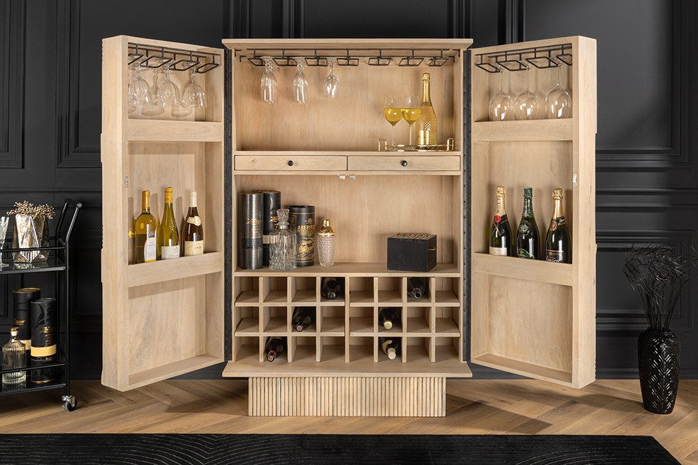 riess-ambiente Barschrank ART DECO 140cm weiß · Weinbar aus Massivholz mit 3D-Front (Einzelartikel, 1-St) 2 Türen · 24 Flaschen · 2 Schubladen · 8 Fächer · Wohnzimmer · Design