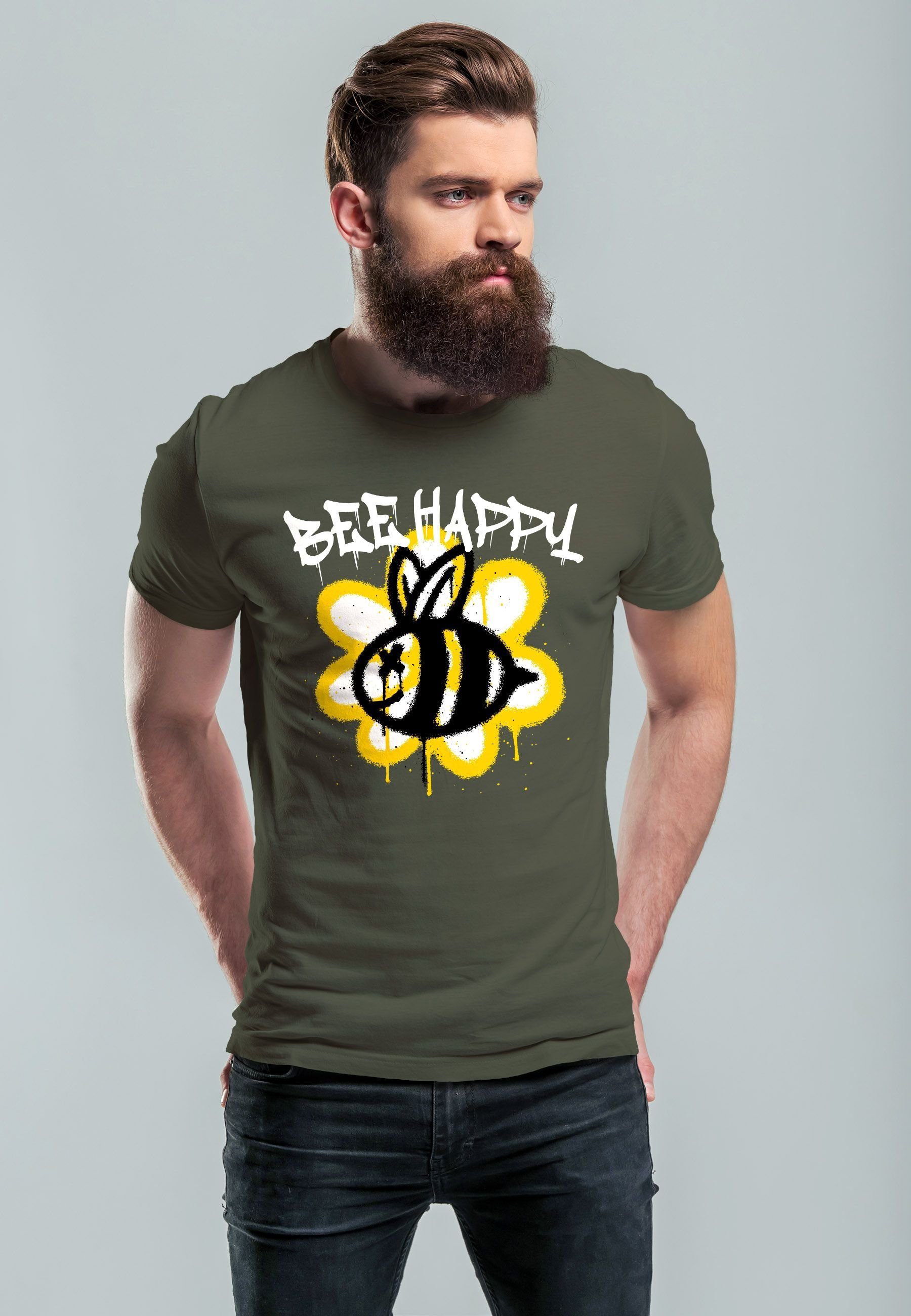 mit T-Shirt Neverless Graffiti Print army Happy Herren Blume SchriftzugFashi Biene Print-Shirt Aufdruck Bee