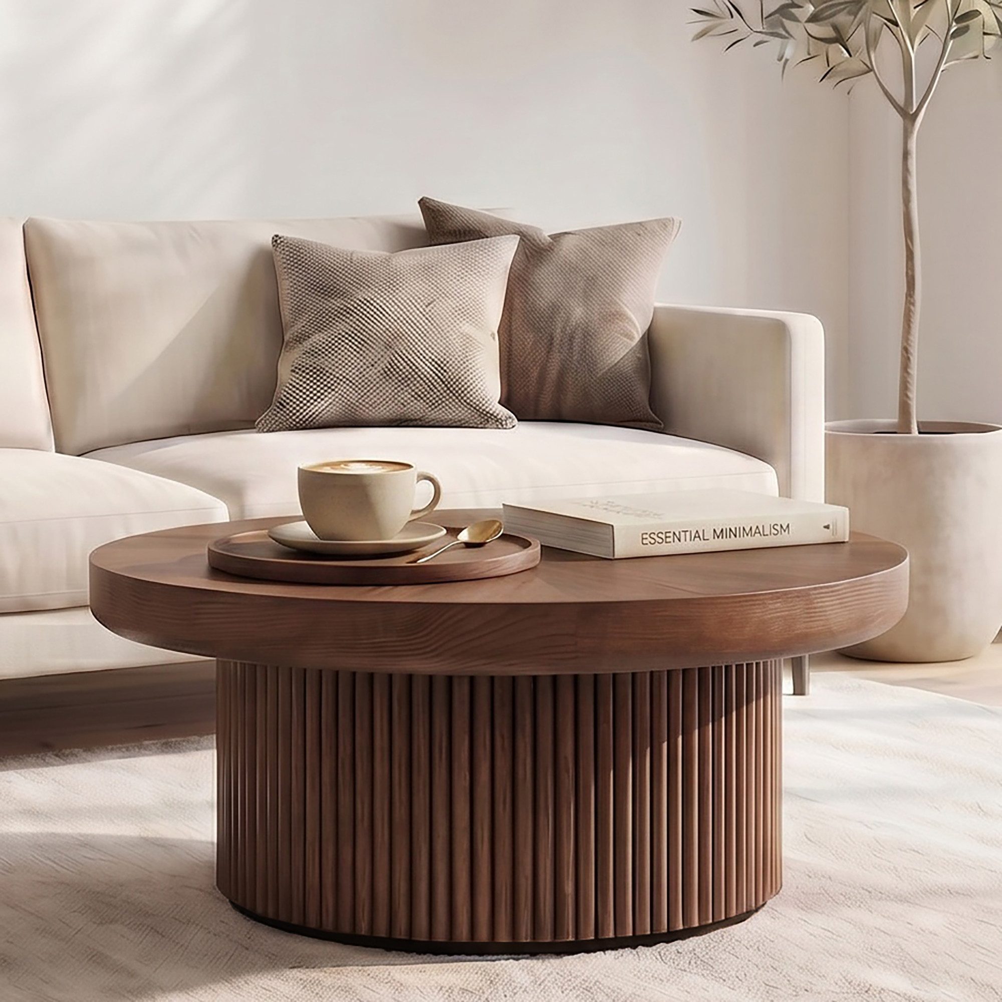 Celya Couchtisch Parkett-Tischplatte und zylindrischem Sockel (78×78×38.5cm, verstärkte Tischplatte), Einfache Montage