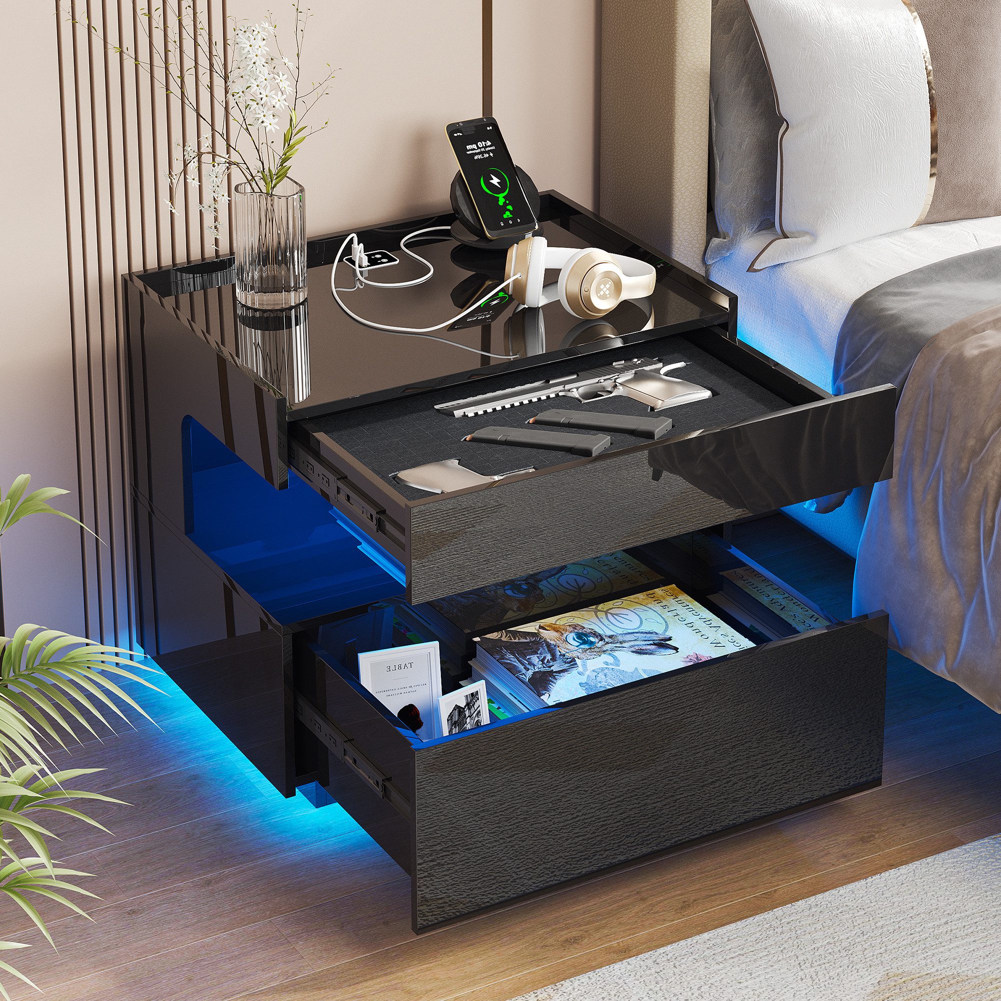 LVSOMT Nachttisch LED Nachttisch mit Ladestation, 2 Schubladen, 3 Farben Licht (1-St), 55x40x50cm, schwarz