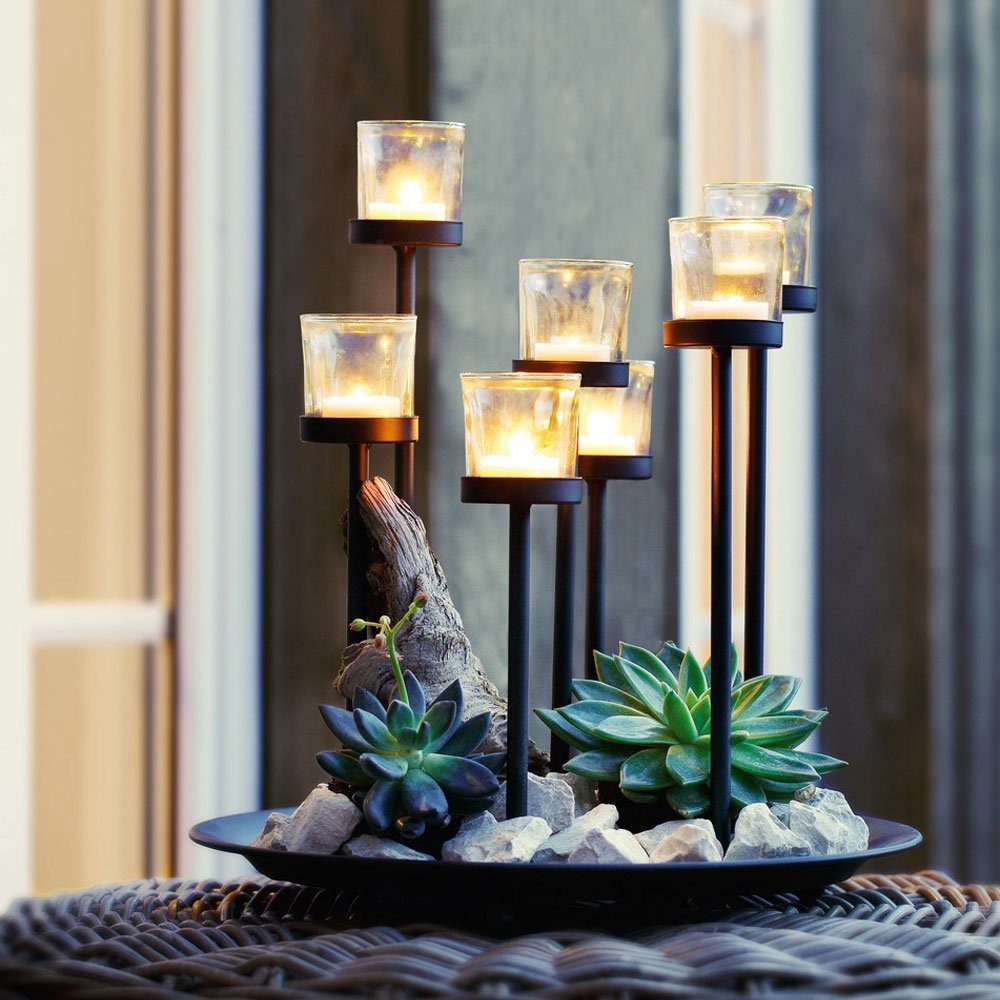 Home-trends24.de Windlicht Windlicht Tablett Kerzen Teelichthalter Metall  Glaswindlichter