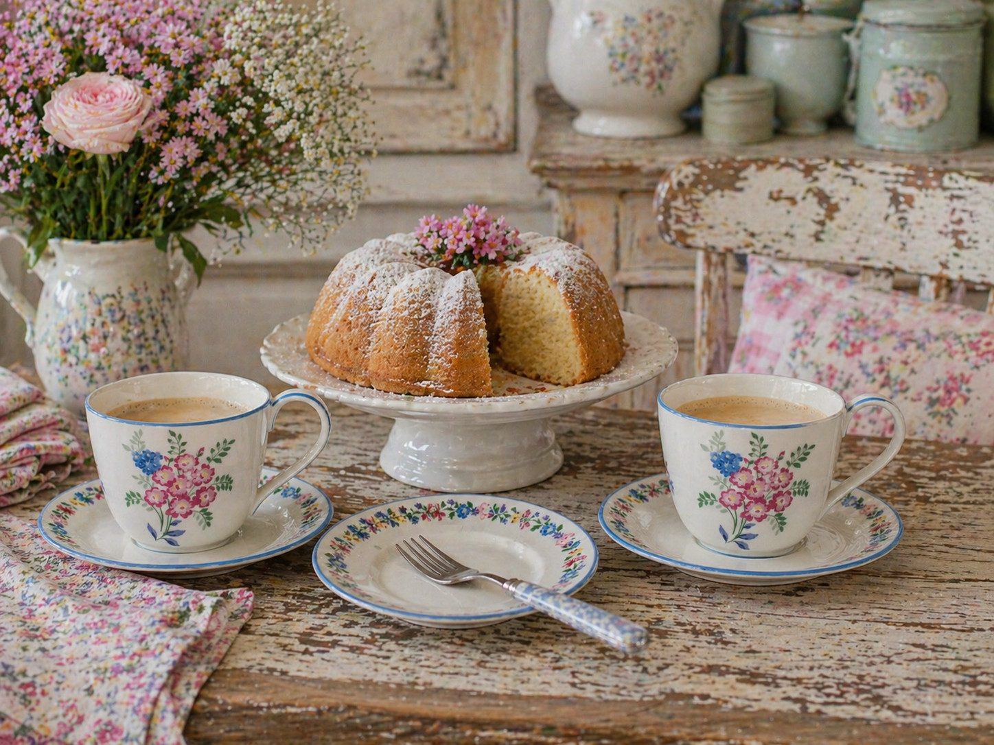 Greengate Tasse GreenGate Tasse mit Untertasse Elina Weiß/Geblümt