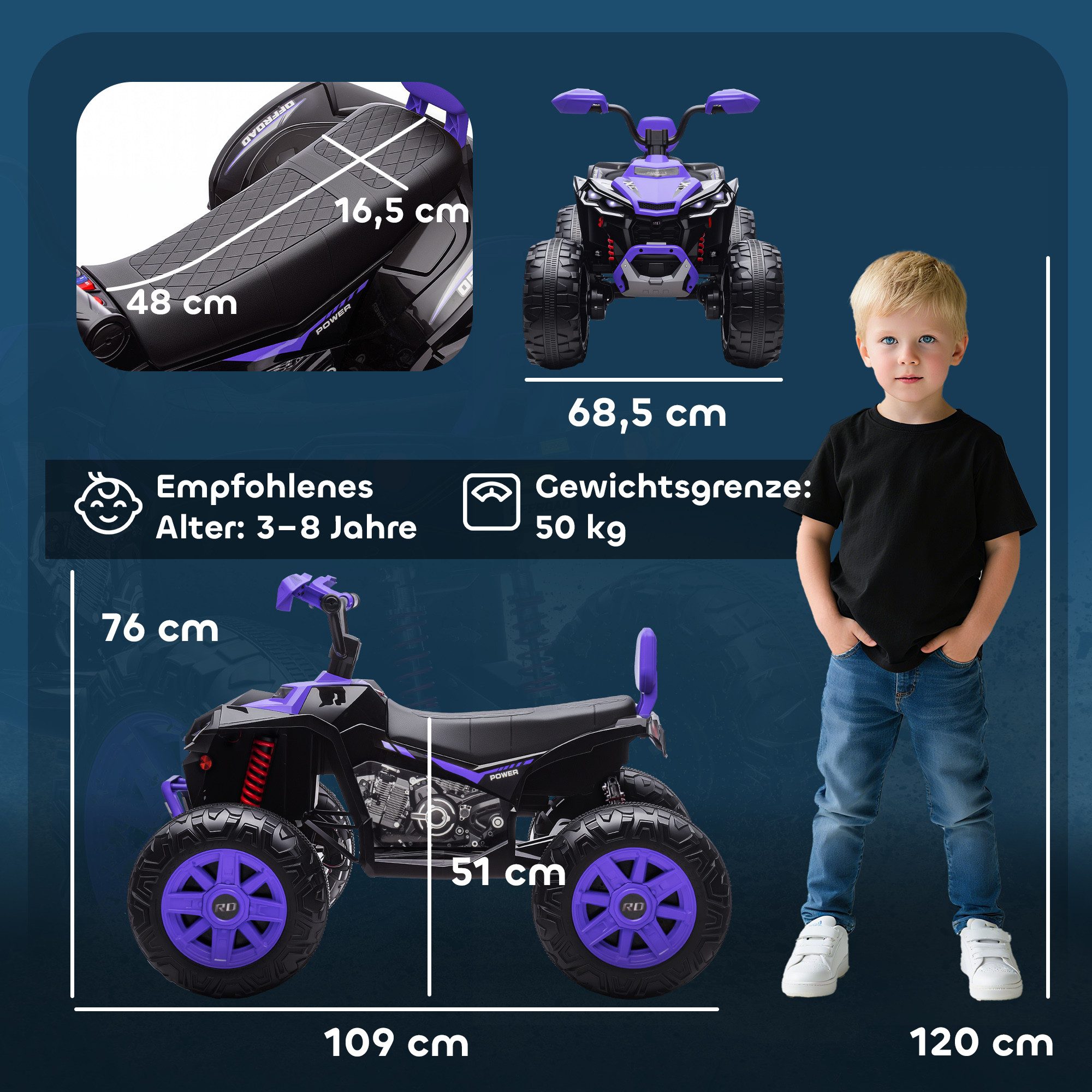 AIYAPLAY Elektro-Kinderquad 24V Elektro-Fahrzeug, 6,5 km/h Geschwindigkeit, Belastbarkeit 50 kg, (1-tlg), für 3-8 Jahre, Violett