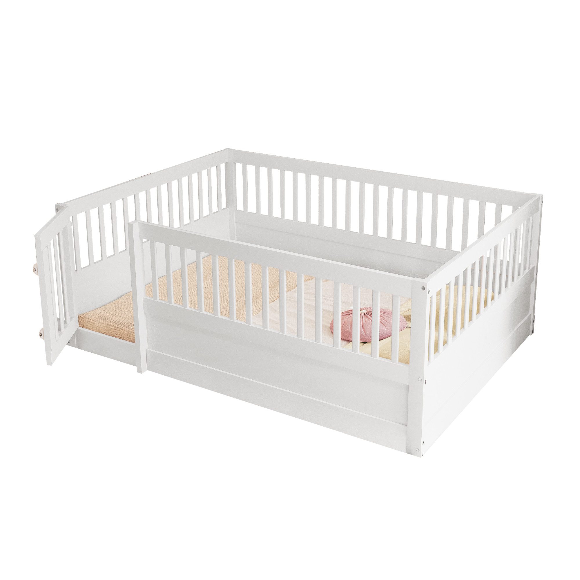 Merax Kinderbett 140x200cm (205/145/60 cm), Massivholz Bodenbett 140x200cm günstig online kaufen