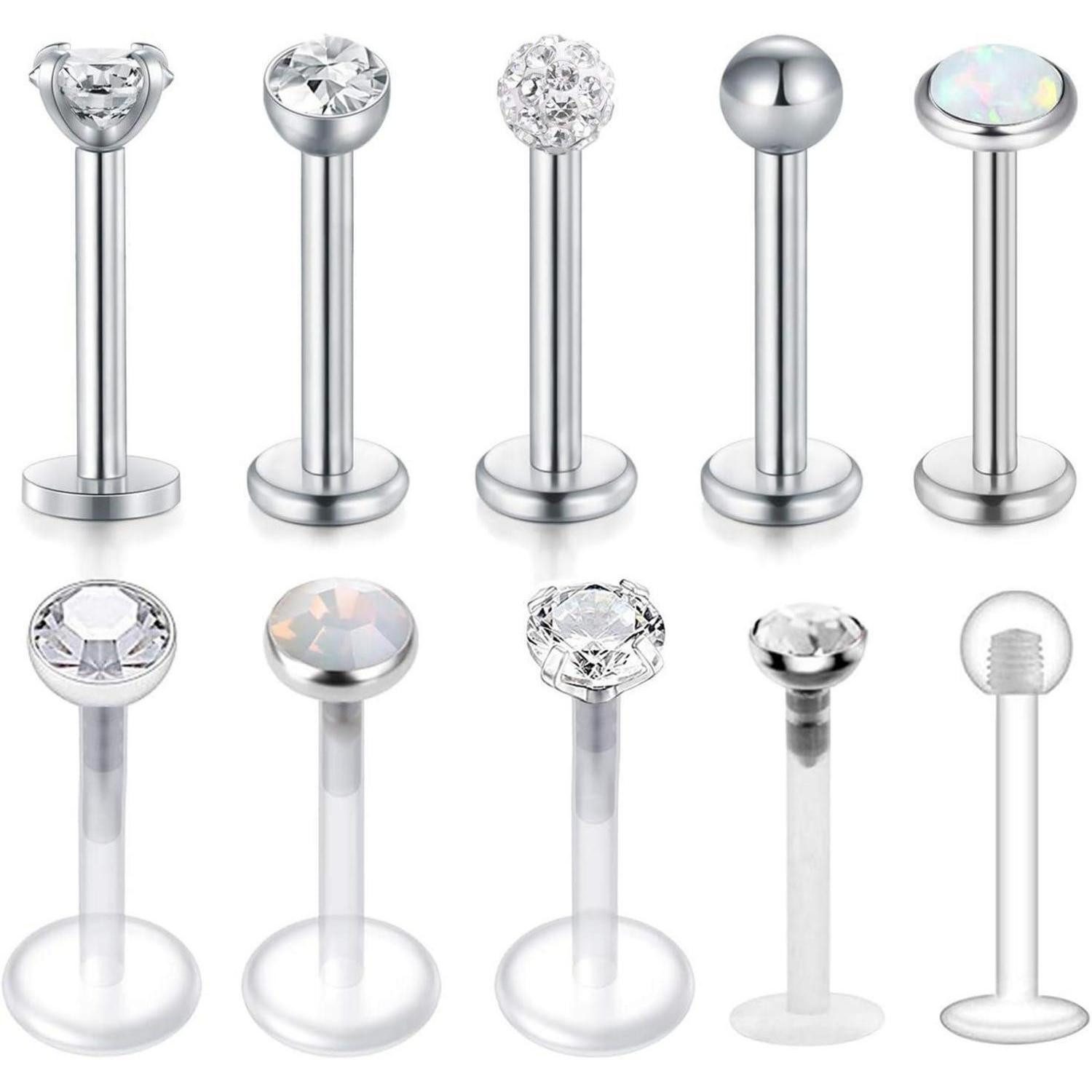 Nasenpiercing 16G Durchsichtig Acryl Chirurgenstahl Lippen Ohrpiercing Set 10Stk
