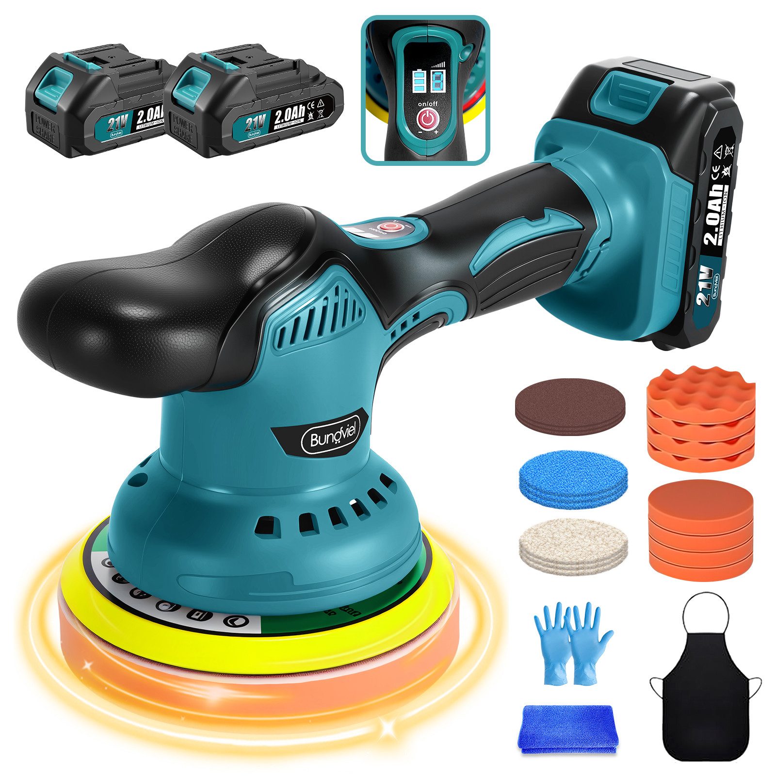Bundviel Akku-Poliermaschine 150mm Exzenterpolierer 8 Geschwindigkeiten Polishing Schnurlos, 2800 min. U/min, 6000 max. U/min, Ø 150 mm, Multifunktions-Reinigungs- & Poliermaschine für Auto, Möbel & mehr