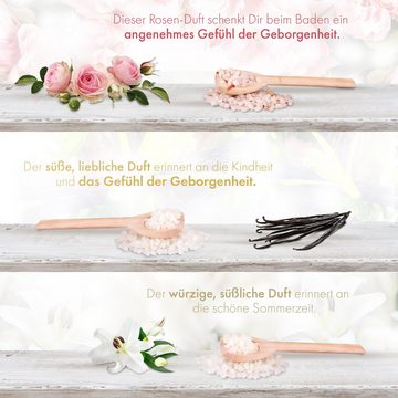 BRUBAKER Badesalz Set - Rose Lilie & Vanille Duft - Badezusatz mit natürlichen Extrakten, 3-tlg., Wellness Baden für Entspannung, Erholung und Körperpflege