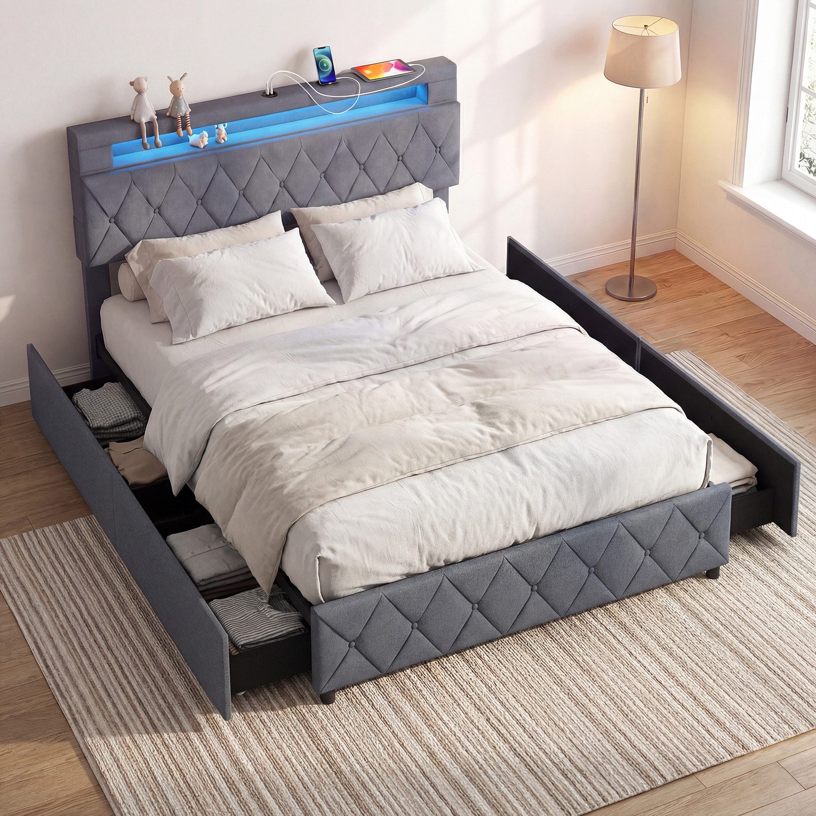 COSTWAY Polsterbett (1-tlg), Doppelbettgestell, mit LED, Ladestation, Schubladen, 140x200cm