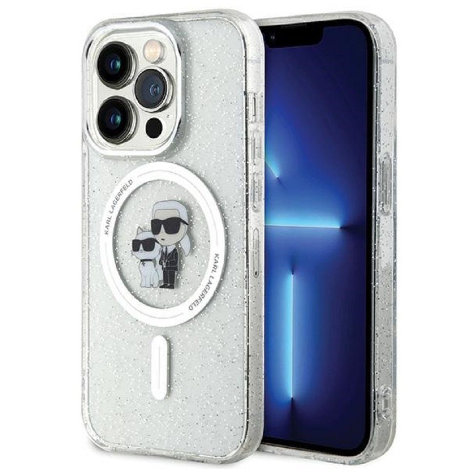 KARL LAGERFELD Handyhülle Case iPhone 15 Pro MagSafe Katze Glitter transparent 6,1 Zoll, Kantenschutz