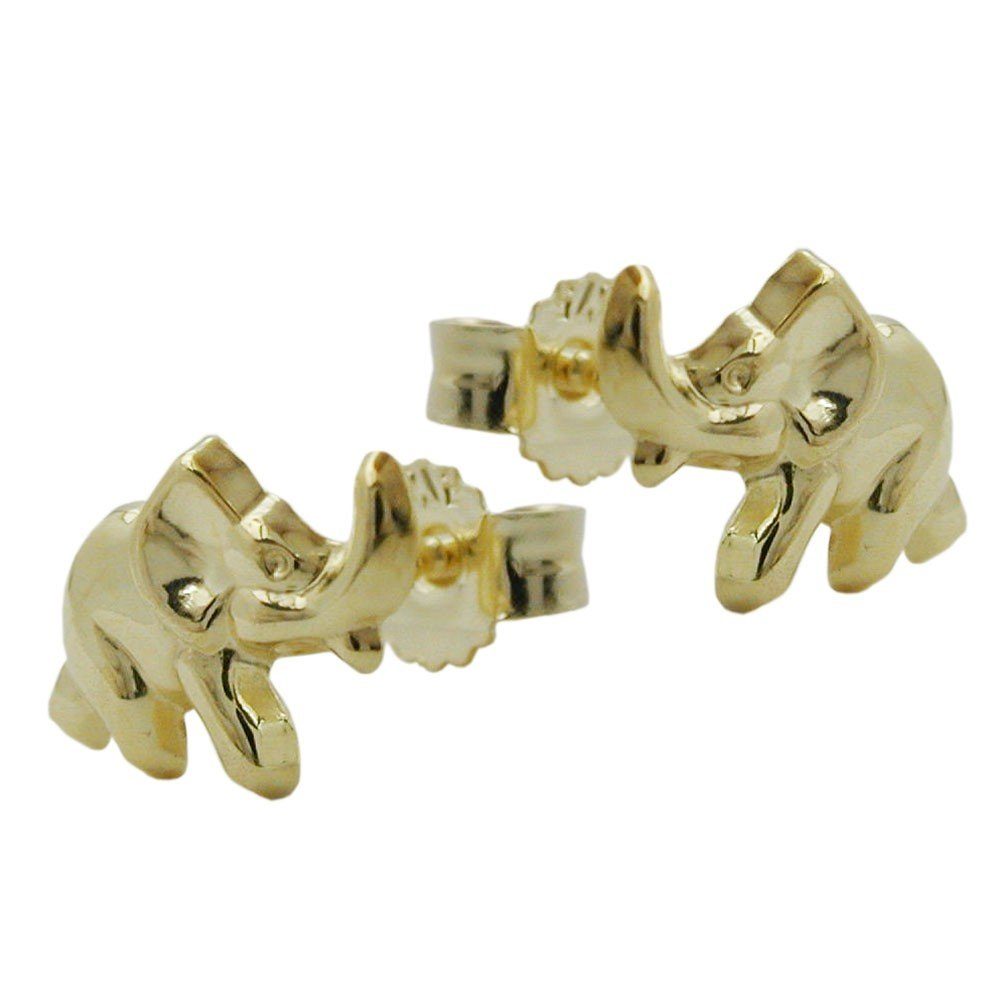 Schmuck Krone Paar Ohrstecker Paar Stecker Ohrstecker Elefant Elefanten 375 Gold Gelbgold glänzend Damen, Gold 375