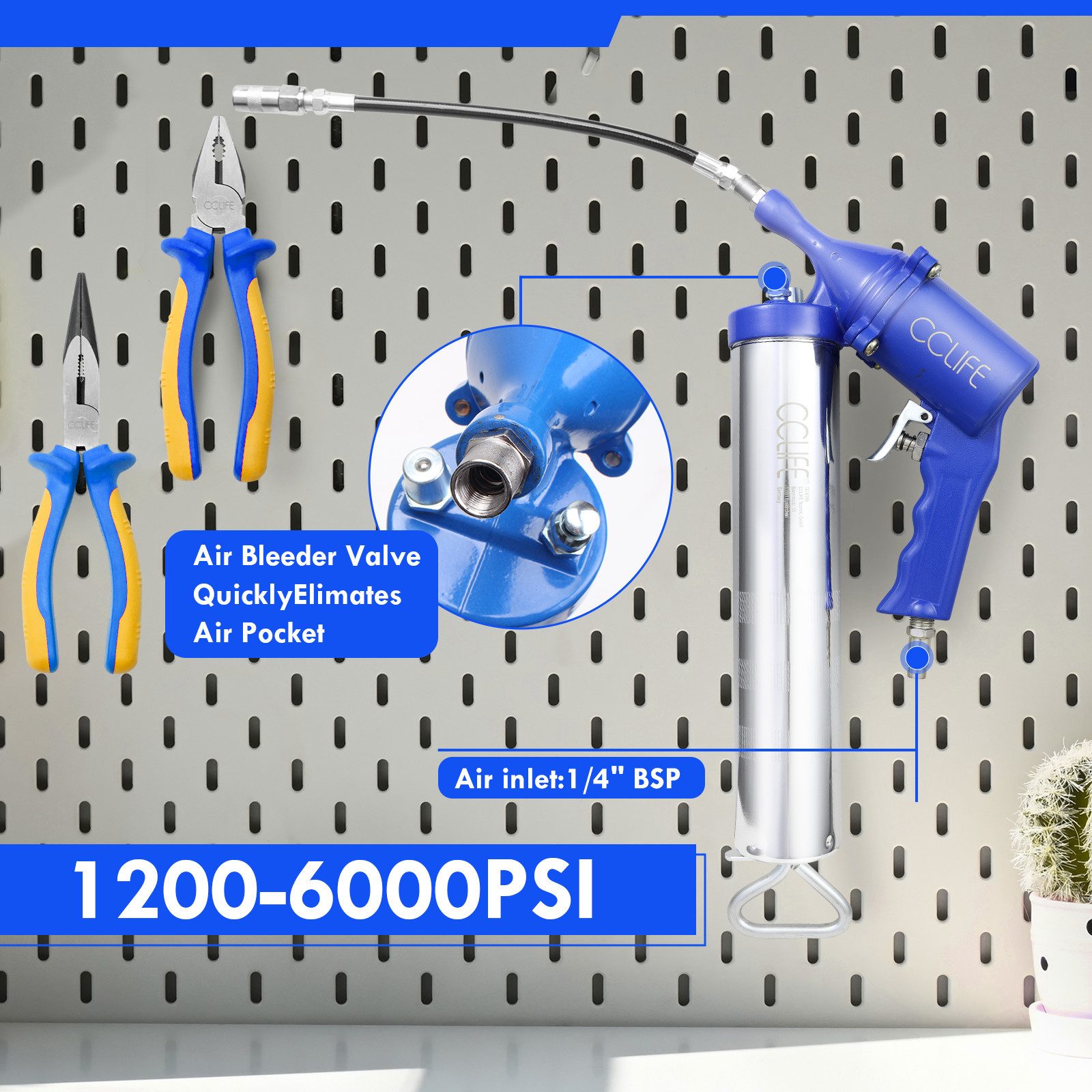 CCLIFE Werkstattpresse Druckluft Fettpresse Pneumatik Handpresse Werkstatt Presse mit Zubehör, max. 6000 in t, set, 3-tlg.