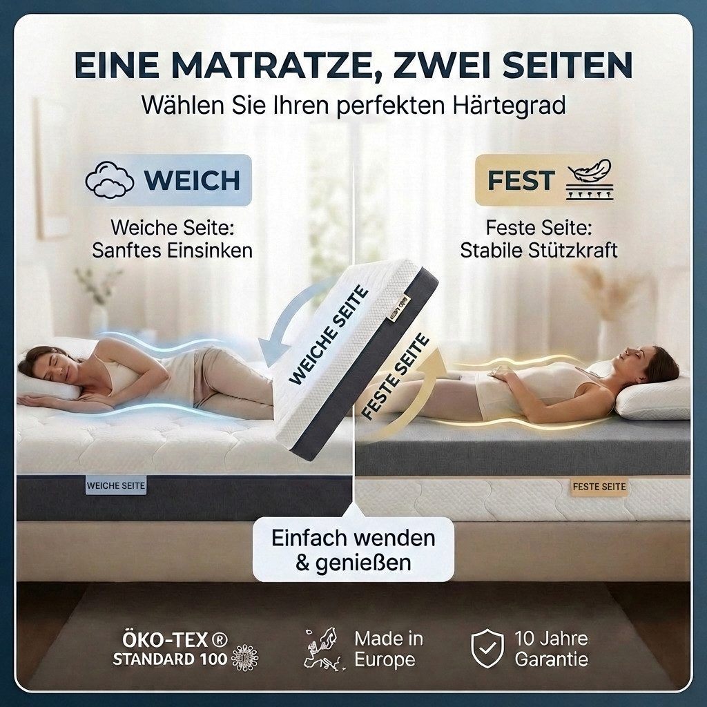 Hybridschaum-Matratze 7 Zonen, Gel-Memory Foam, 2 Härtegrade, 2-in-1-Aufbau, KNERST, Mit Rundum-Reißverschluss komplett abnehmbar waschbar bei 60 °C