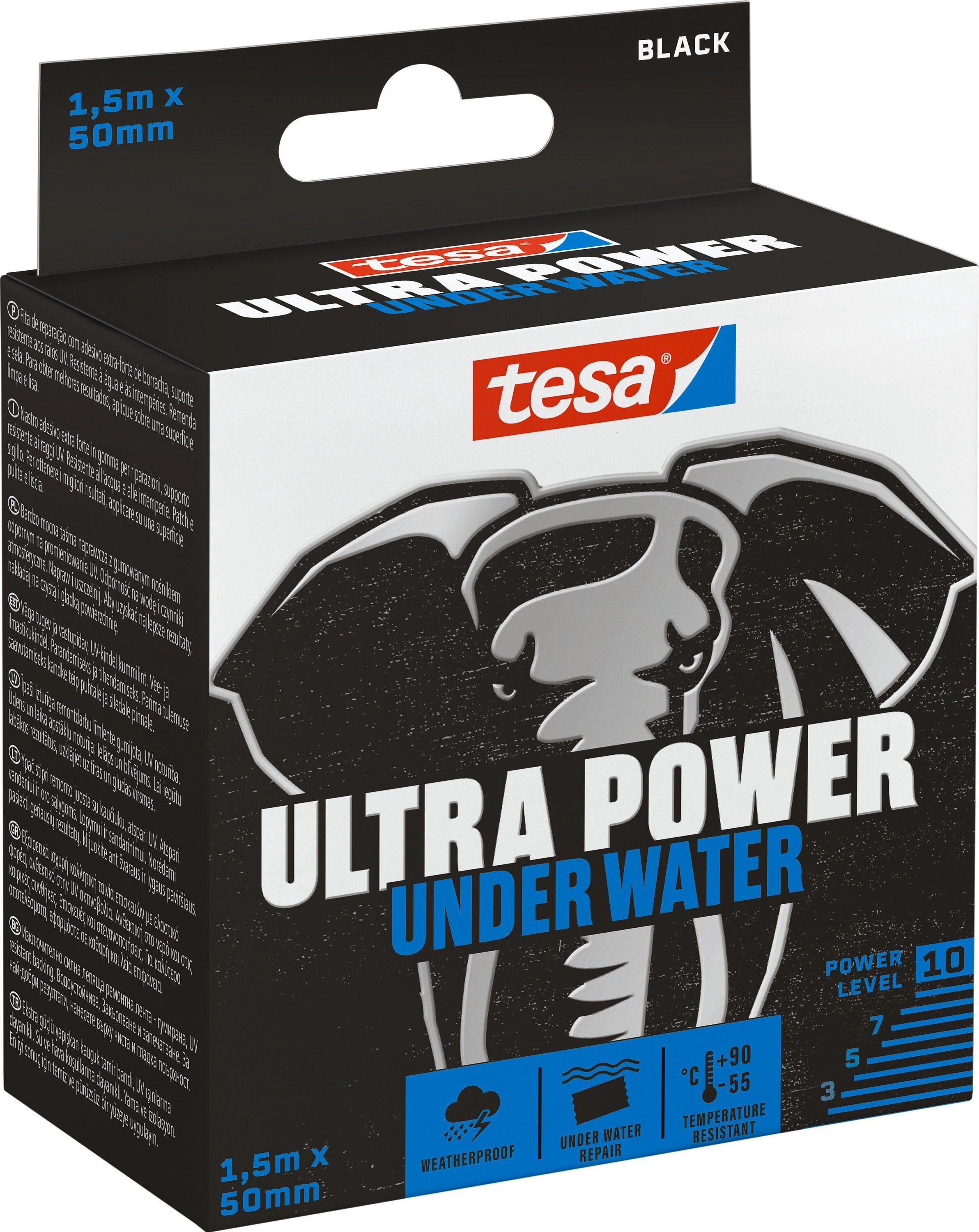 tesa Klebeband ULTRA POWER UNDER WATER wasserfestes Panzertape - 1,5 m : 50 mm (Packung, 1-St) ideal zum Reparieren, Abdichten & Befestigen - schwarz