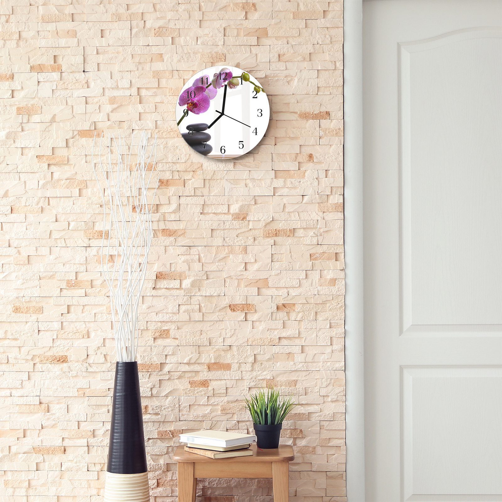 Primedeco Wanduhr Wanduhr 30 cm Steine mit Orchideenzweig Quarzuhrwerk und aus Glas Durchmesser und mit Motiv Rund 