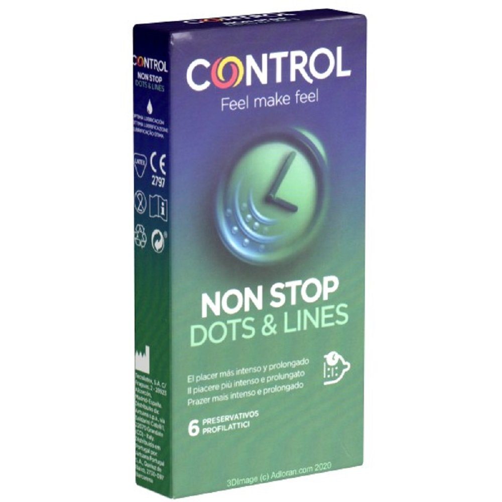 CONTROL CONDOMS Kondome Non Stop (Dots & Lines) Packung mit, 6 St., gerippt/genoppte Kondome für längere Liebe
