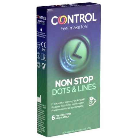 CONTROL CONDOMS Kondome Non Stop (Dots & Lines) Packung mit, 6 St., Kondome gegen vorzeitigen Samenerguss, gerippt/genoppte Kondome für längere Liebe