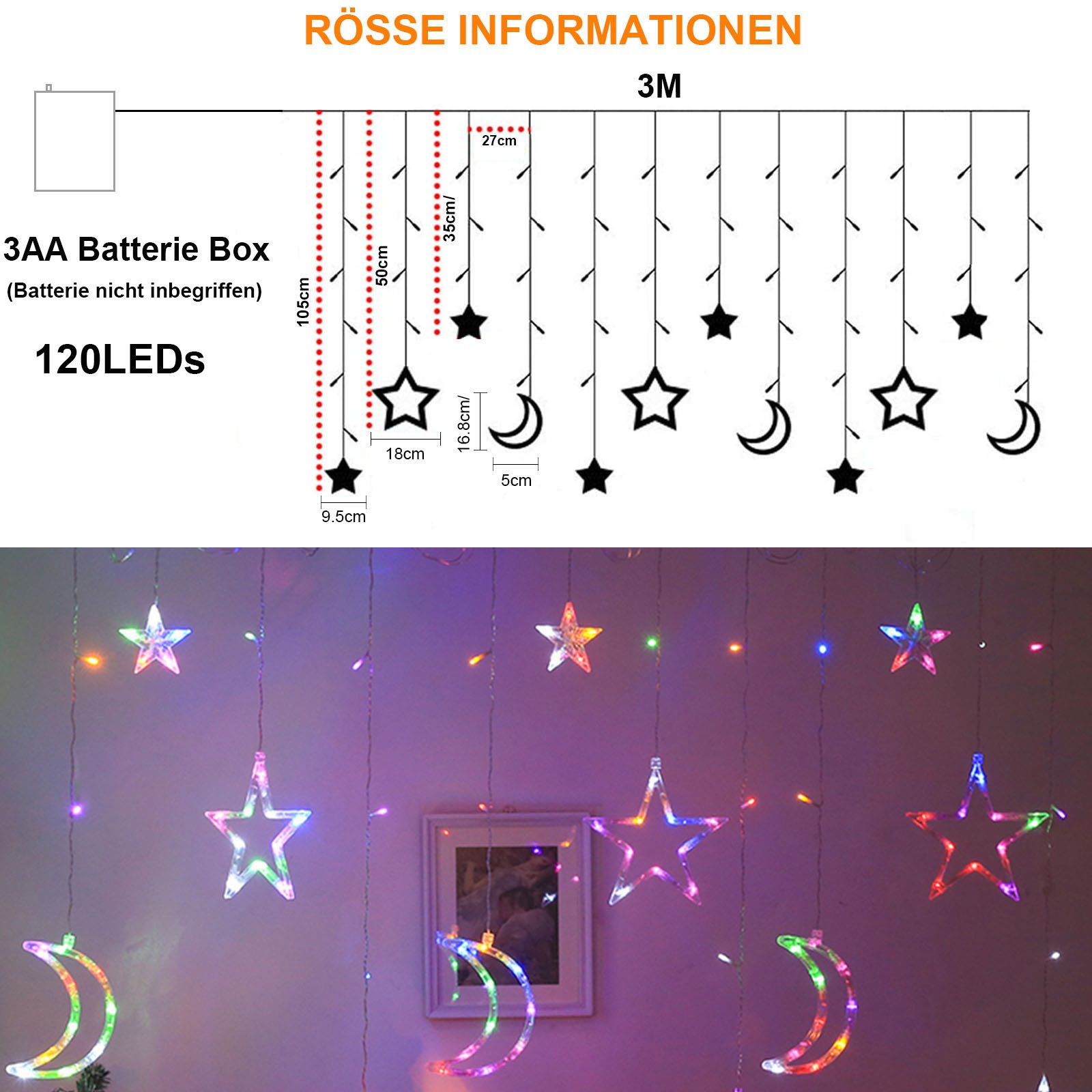 MUPOO Lichterkette LED Lichterketten,3M Stern Mond Lichtervorhang LED Vorhang Licht, 8 modi,120LEDs,für Weihnachten Party Wohnzimmer Deko Innen Außen