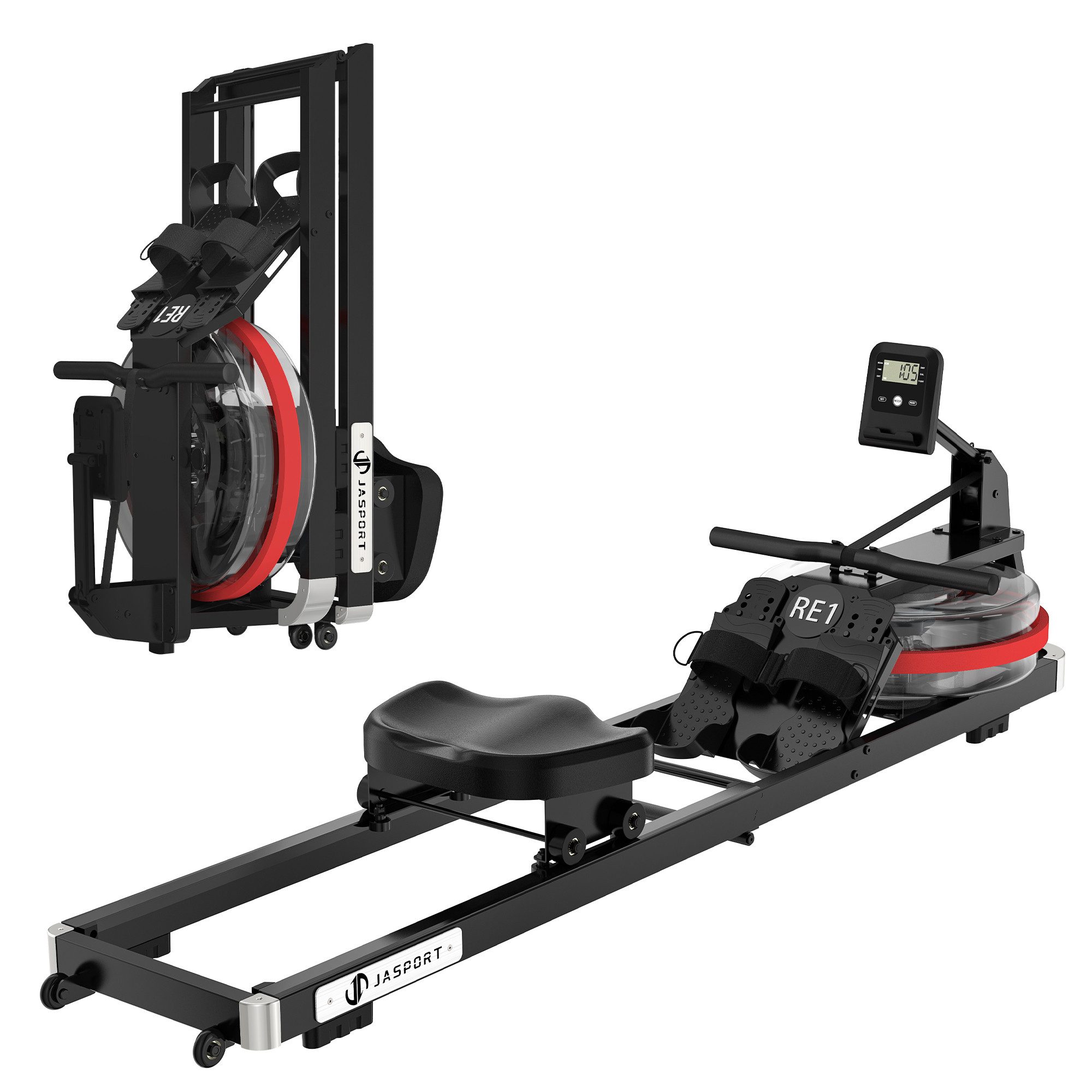 JASPORT Rudergerät RE1 mit Wasserwiderstand klappbar für Zuhause (Klappbar, LCD mit Trainingsdaten, Tablet-Halterung, Transportrollen), 14-L-Wassertank, Kinomap, Doppel-Schiene, bis 150 kg, bis 200 cm