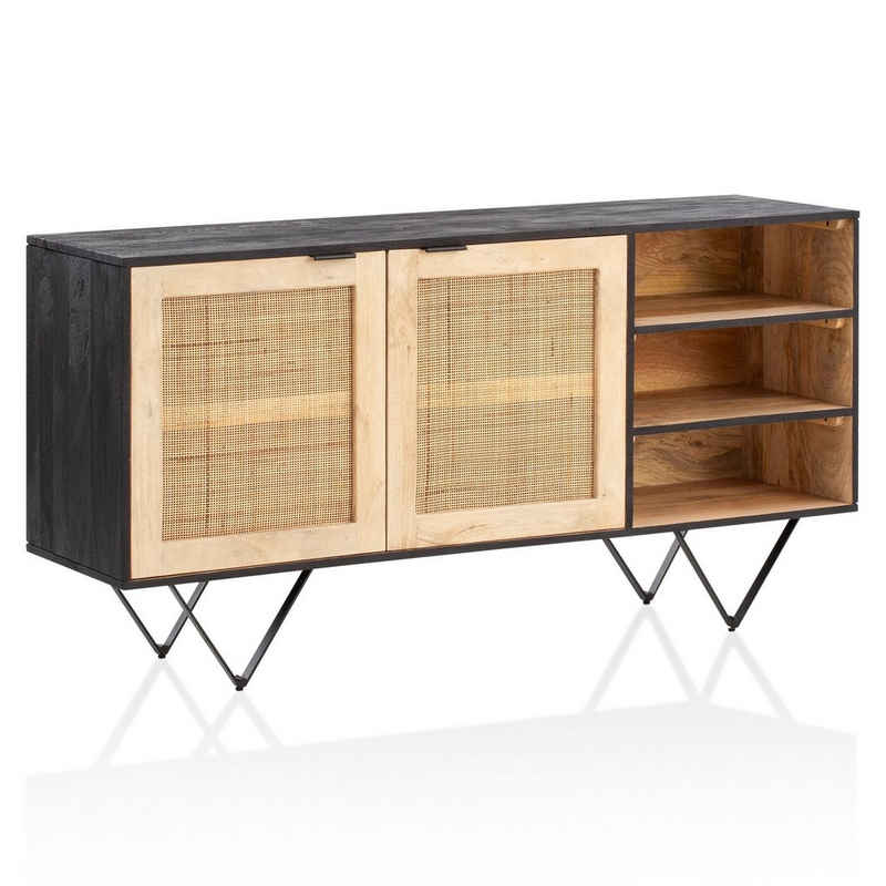 Wohnling Sideboard WL6.798 (145x75x40 cm Mango Massivholz / Rattan Anrichte), Kommode 2 Türen, Hoher Kommodenschrank