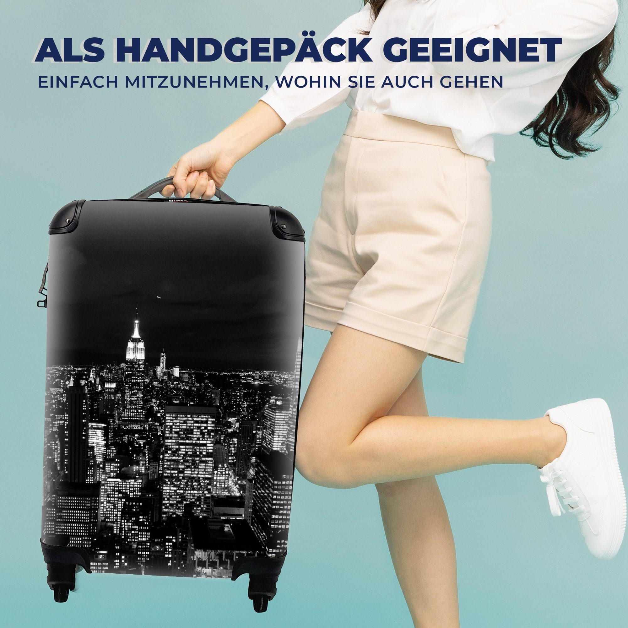 - Reisekoffer Rollen, Handgepäck New MuchoWow 4 Reisetasche - - für Amerika, York Ferien, rollen, mit Trolley, Weiß Handgepäckkoffer - Skyline Schwarz