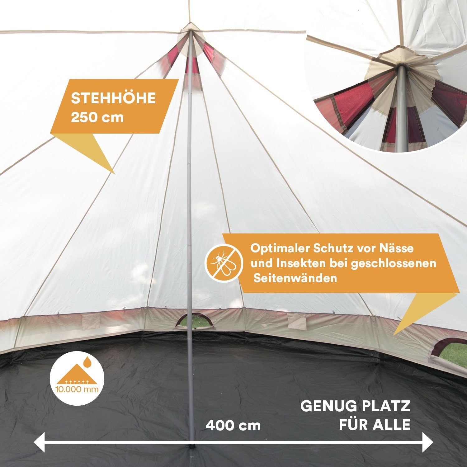 Skandika Tipi-Zelt Comanche 400, Campingzelt mit hochrollbarer Zeltwand, 2,5m Stehhöhe, wasserdicht 3000mm, Insektenschutz, abnehmbarer Zeltboden, Glamping