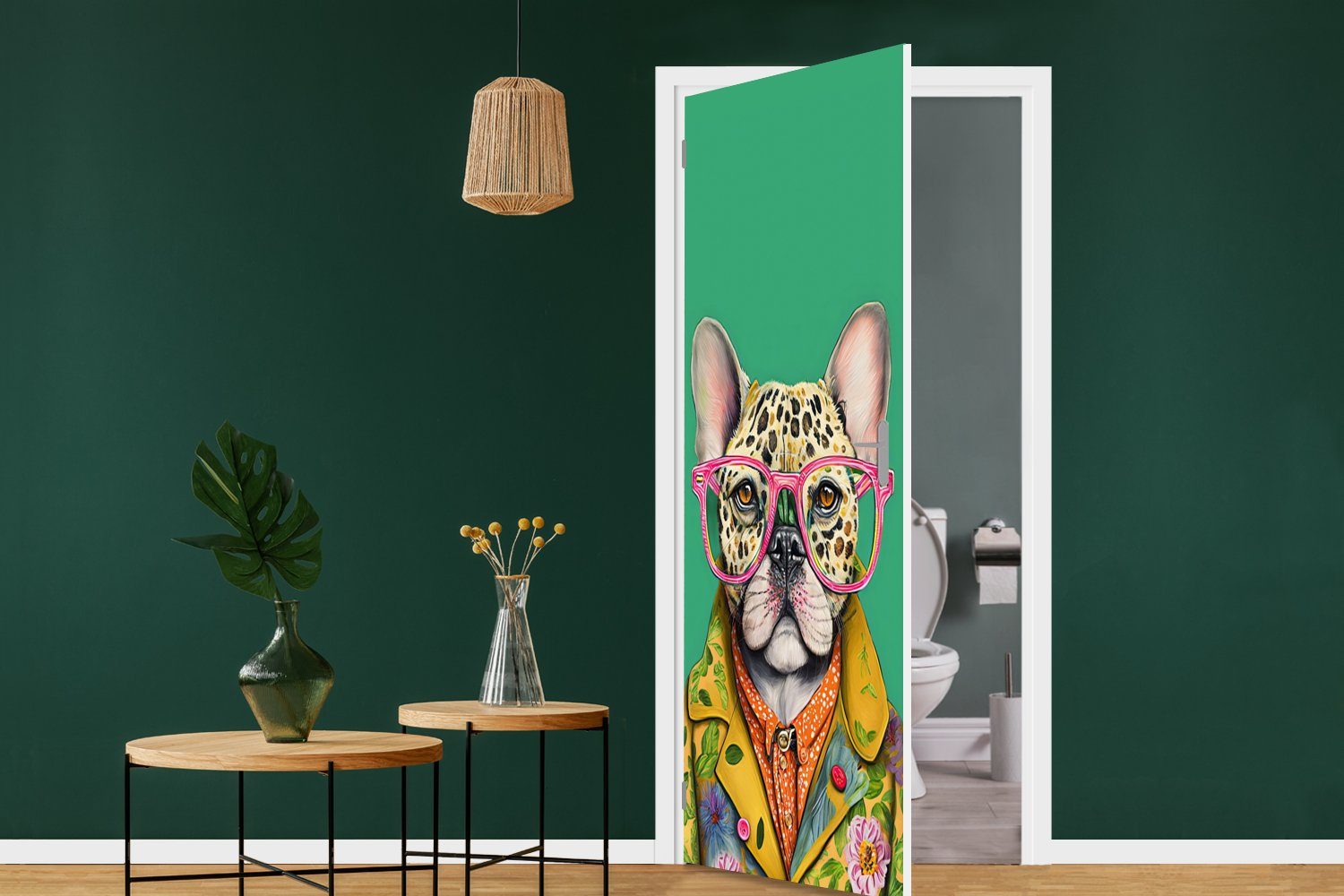 cm - 75x205 Design Fototapete MuchoWow Tür, für - (1 Matt, Türtapete Türaufkleber, Brille Bulldogge St), Tiere, bedruckt, Hund - -