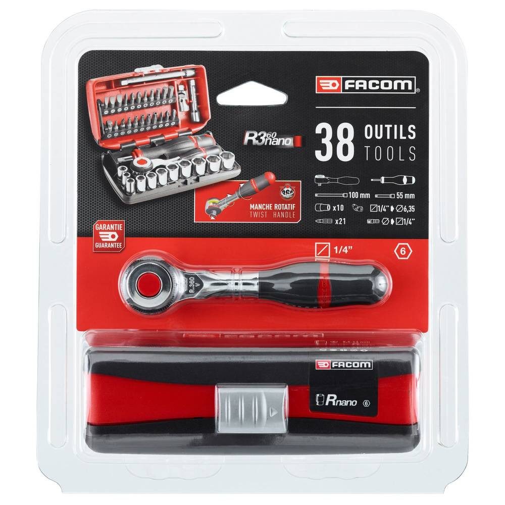 Facom Steckschlüssel Umschaltknarre 1/4″ mit 360° Drehgriff + Steckschlüssel R.360NANOPB
