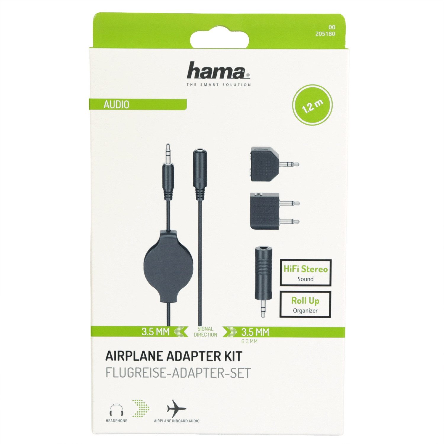 Hama Flugzeug-Adapter Set 3,5mm 6,3mmm Klinke Roll Up Audio-Kabel, 3,5-mm-Klinke, 2x 3,5-mm-Klinke, 3,5mm Klinke, 6,3mm Klinke (120 cm), Flugreise Set Klinken-Kabel Anschluss Stecker für Kopfhörer im Flieger