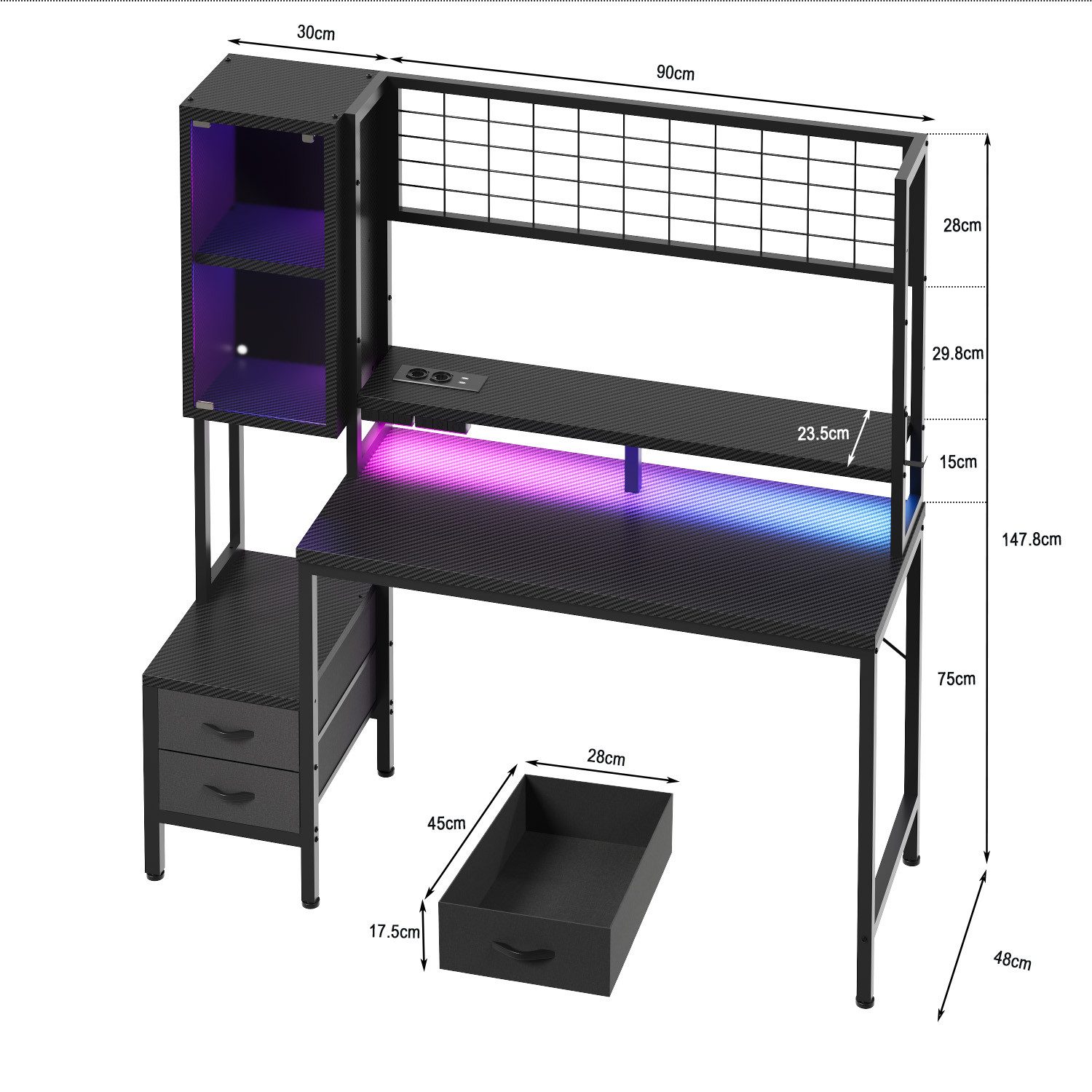 HOMALL Gamingtisch Gaming Schreibtisch mit USB-Steckdose & RGB LED (mit Monitorständer & Vitrine, mit 2 Schubladen, Ergonomischer Computertisch mit Stromleiste, 120/140cm Schreibtisch für Gaming & Homeoffice, Schwarz)