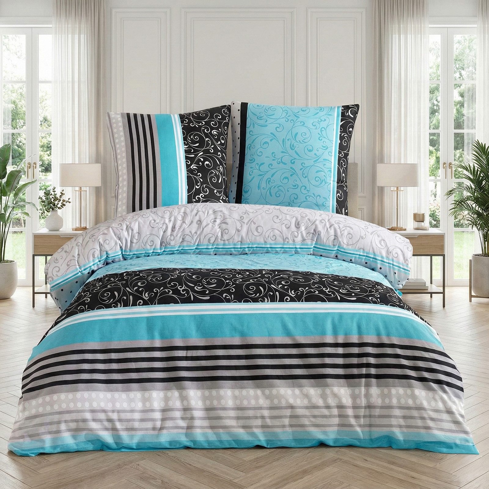 Buymax Bettwäsche Sara, Renforcé: 100% Baumwolle, 2 teilig, 135x200 cm, mit Reißverschluss, Streifen Gestreift Türkis Grau Schwarz