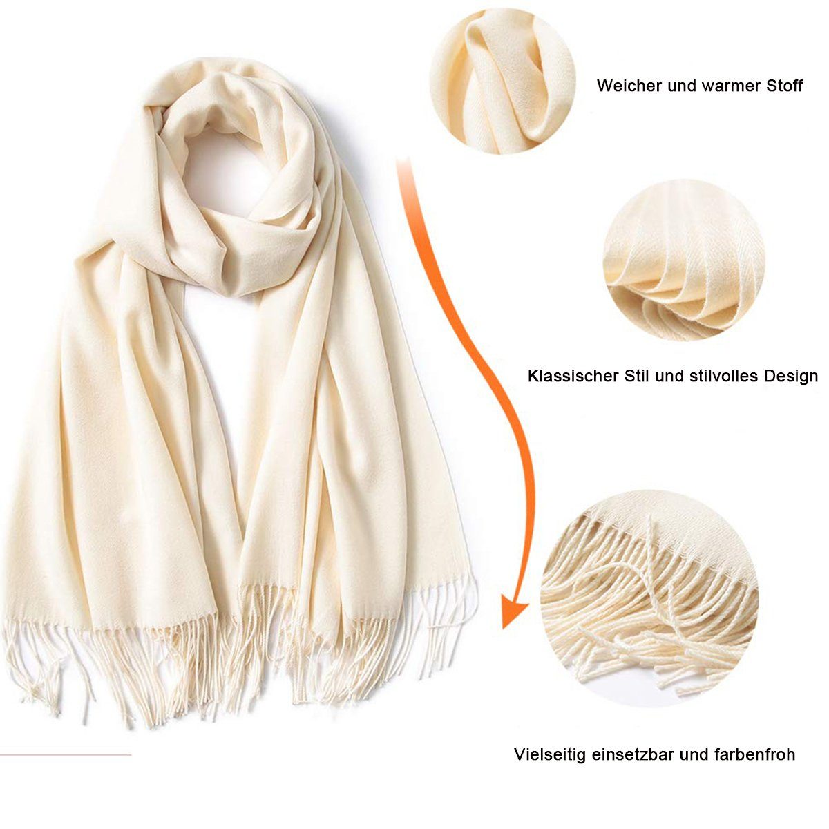 Weiß Herbst Schal Warm Baumwolle mit Winter unifarben Jormftte Halstuch quasten,Einfarbig