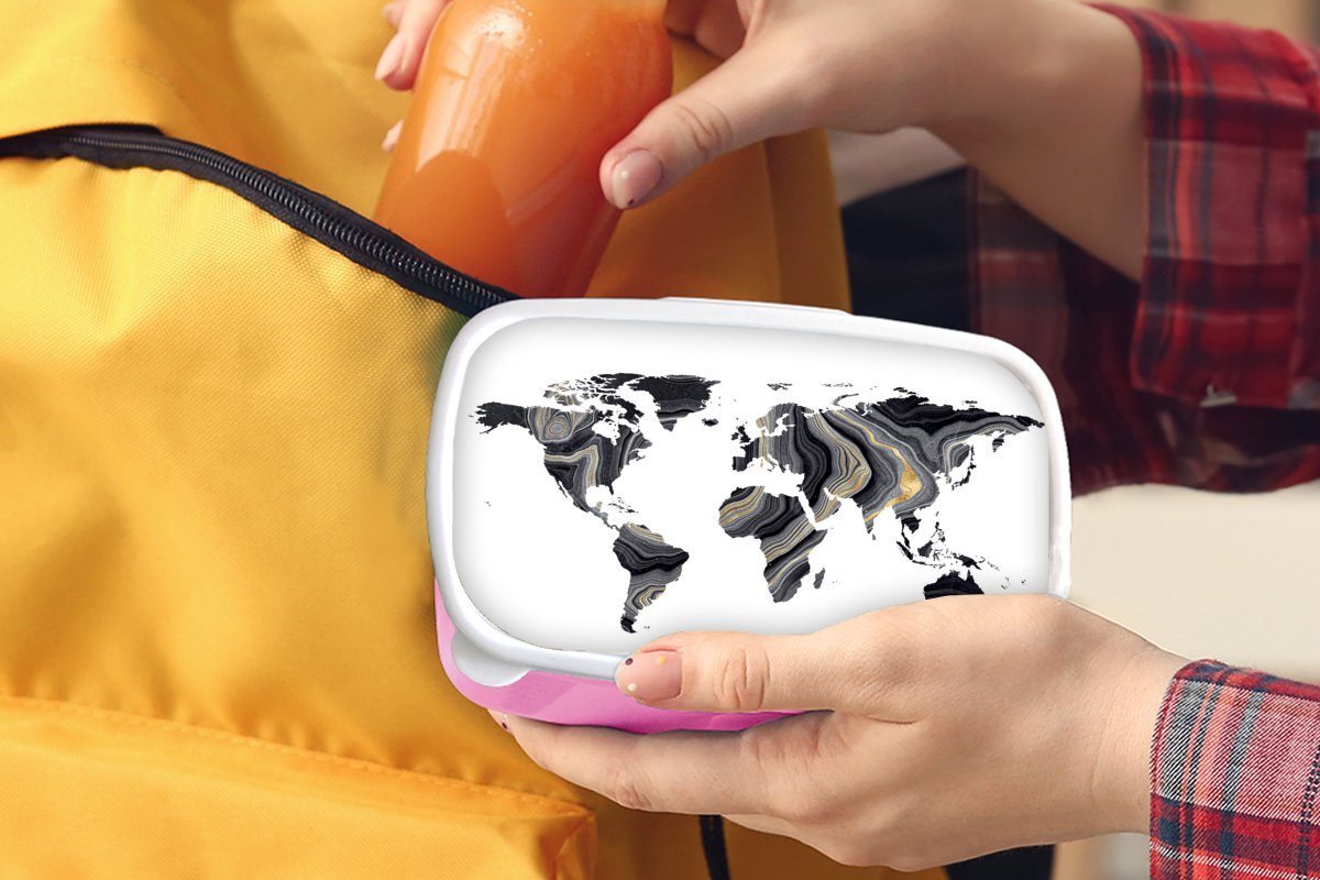 MuchoWow Lunchbox Weltkarte Erwachsene, Kinder, Gold, Mädchen, rosa Kunststoff Farbe Brotdose - (2-tlg), Snackbox, für Brotbox - Kunststoff