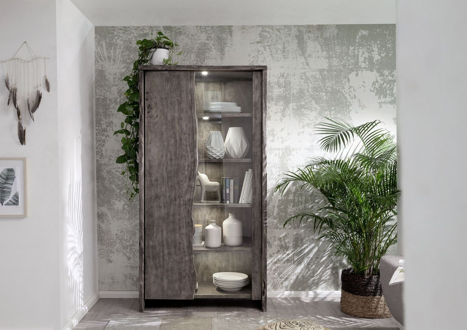 Akazie Standvitrine #911 grau ACACIA Massivmoebel24 105x45x204 lackiert PURE Vitrine