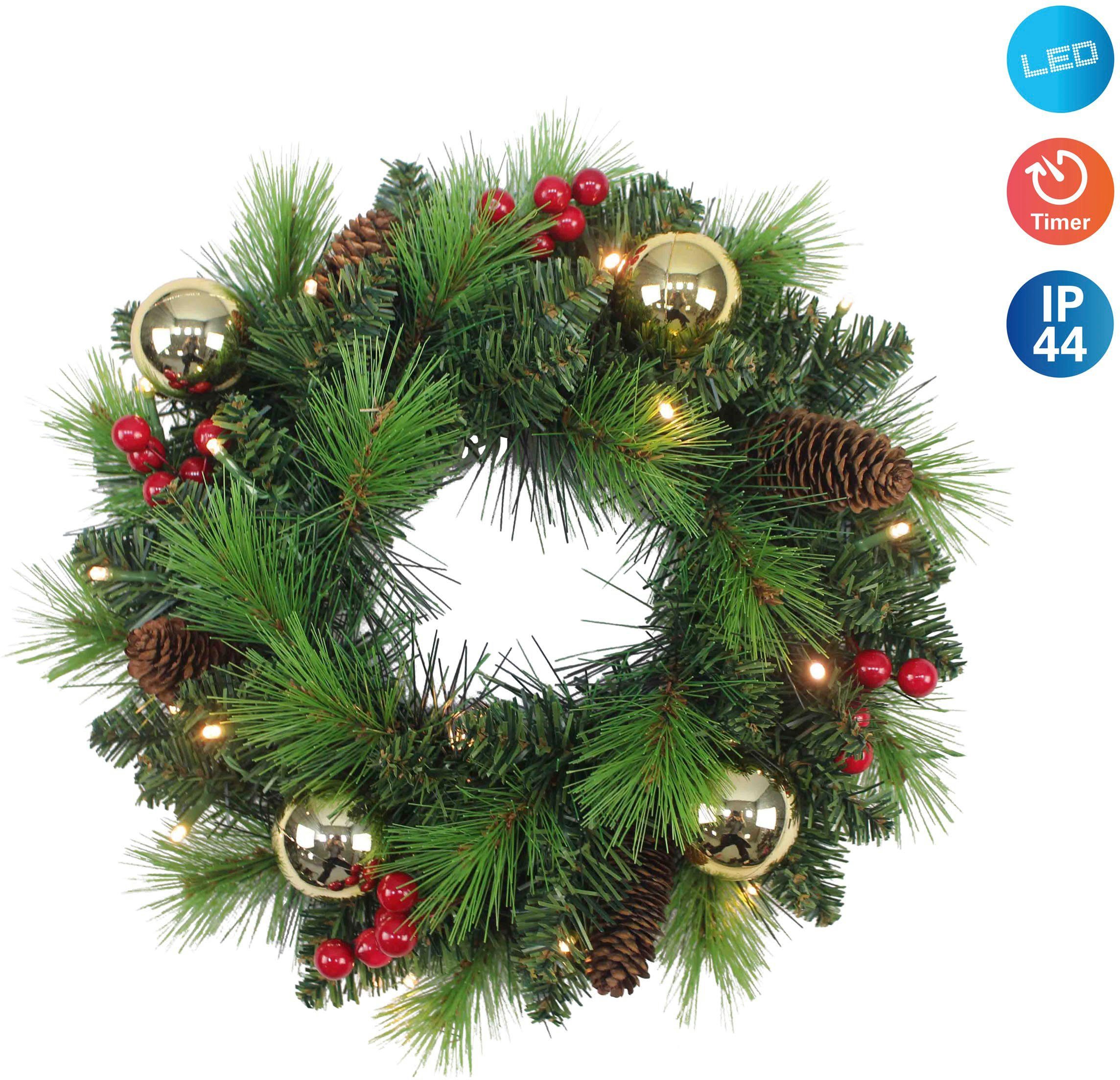 näve LED Dekoobjekt Dekokranz Noel, Weihnachtsdeko, Türkranz mit Kugeln, Zapfen und Beeren, Warmweiß, LED-Weihnachtskranz mit Timer, Ø ca. 35 cm