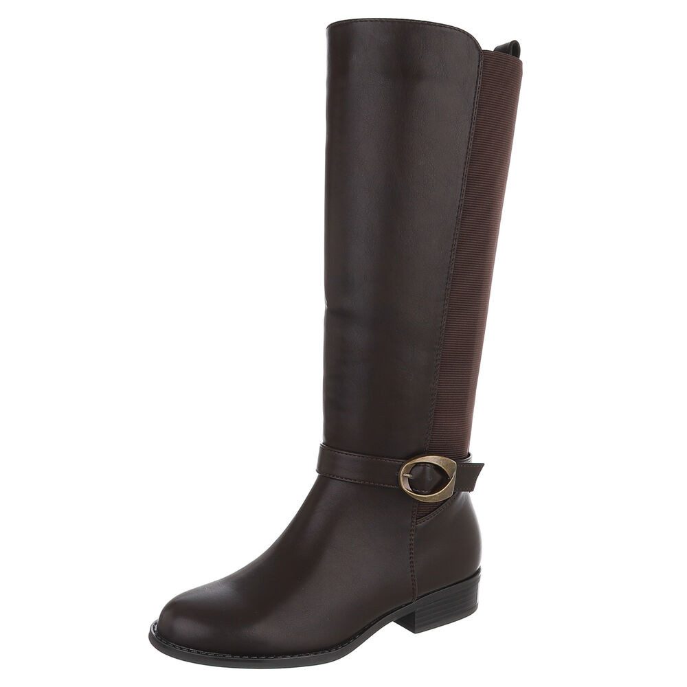 Ital-Design Damen Langschaftstiefel mit Schnallen-Detail Stiefel (92125547) Blockabsatz Flache Stiefel in Braun