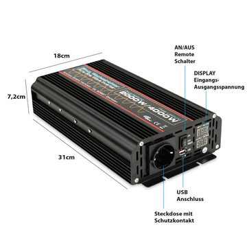 @tec Spannungswandler Spannungswandler reiner Sinus Inverter 24V auf 230V 2000W / 3000W, Steckdose, USB-Anschluss, mit Fernbedienung, Peak 4000W / 6000W