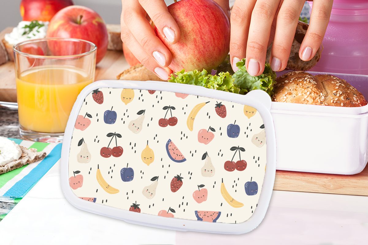 weiß Brotdose, (2-tlg), Erwachsene, Muster, - Mädchen und MuchoWow Design für für Lunchbox Kunststoff, Obst und Kinder Jungs Kawaii - Brotbox -