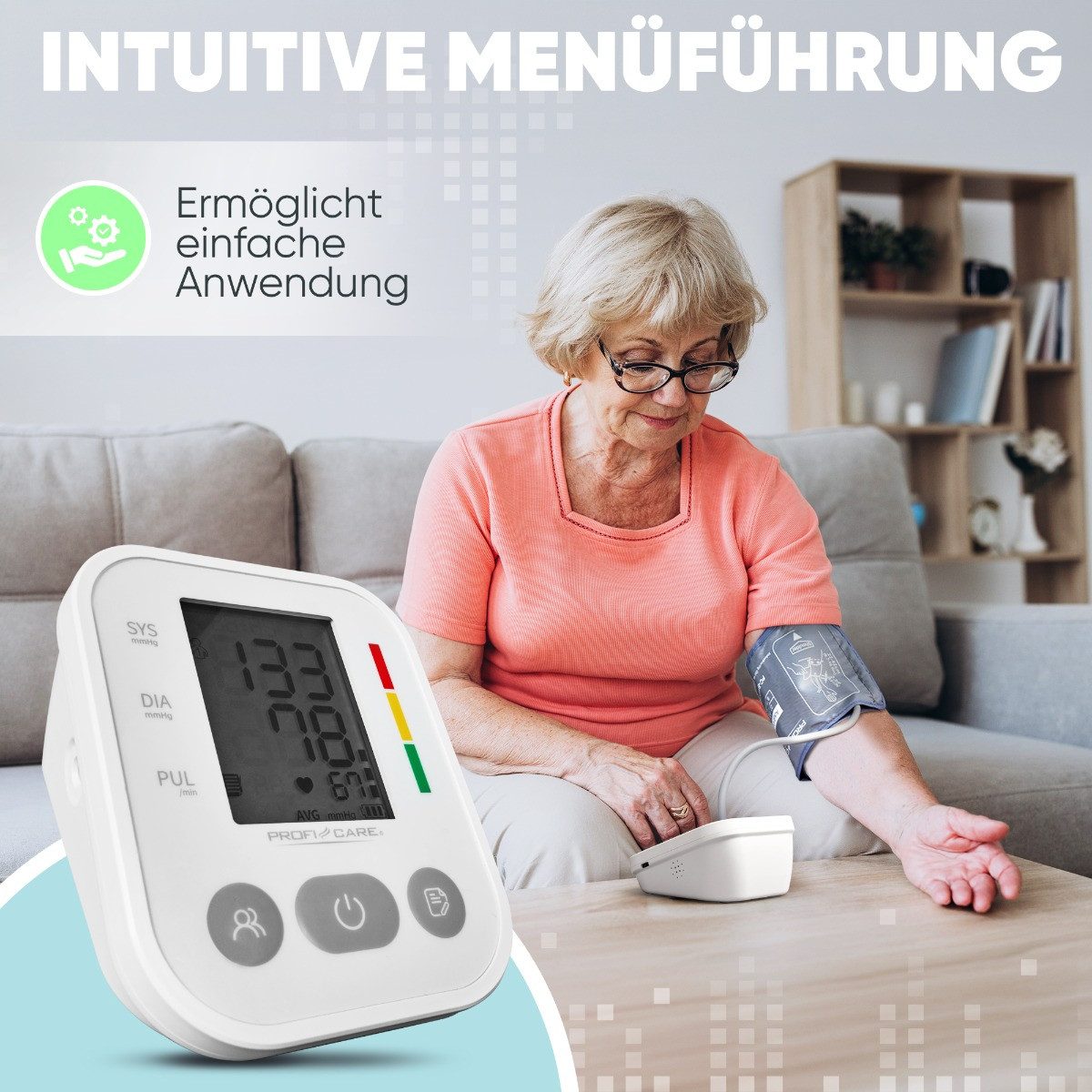 ProfiCare Oberarm-Blutdruckmessgerät PC-BMG 3121, Blutdruckmessgerät Oberarm, Intuitive Bedienung