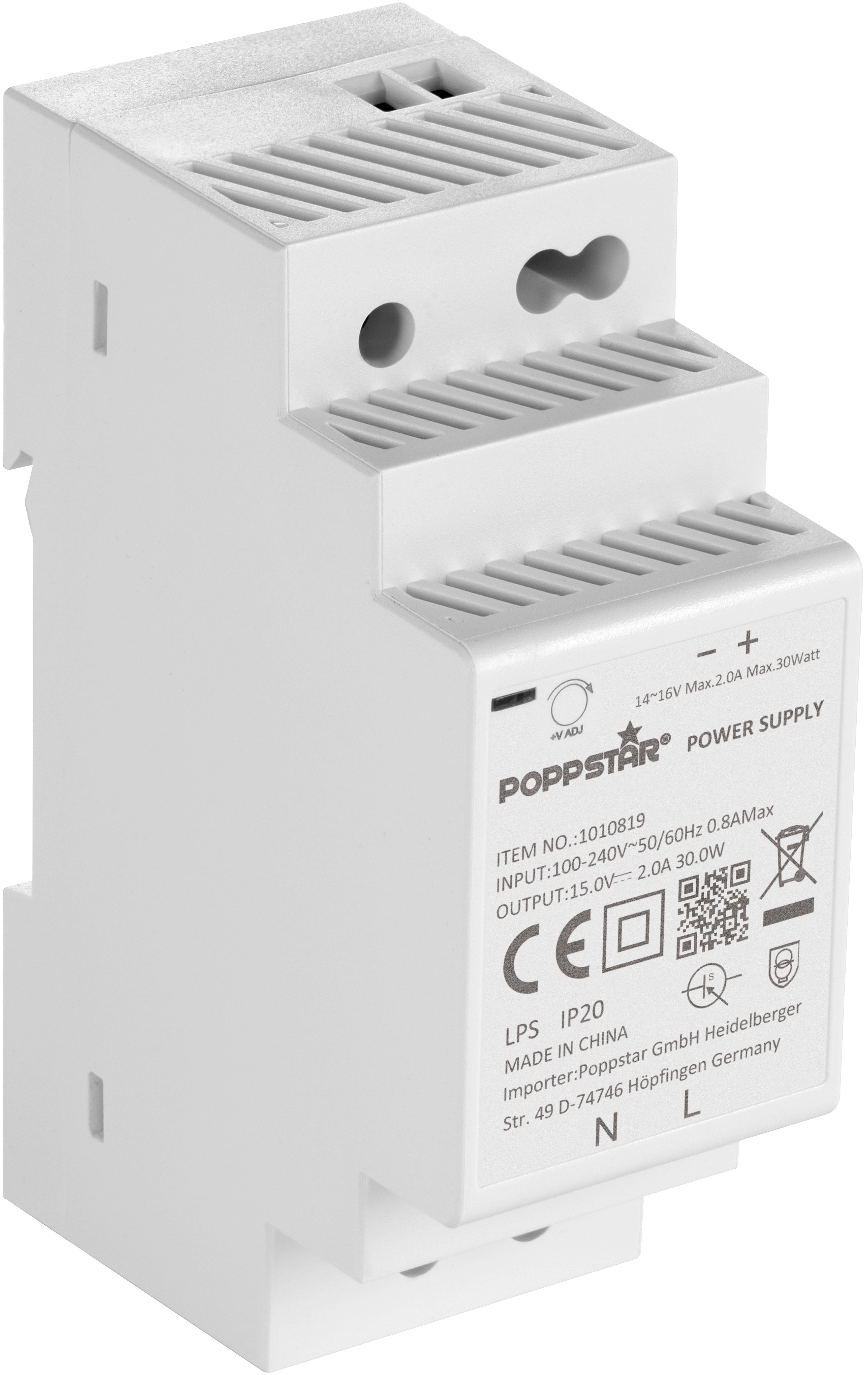 Poppstar DIN-Rail Netzteil 15V 2A 30W Hutschienen-Netzteil (15 V Klingeltrafo IP20 mit Kurzschluss-Schutz und Überspannungs-Schutz)