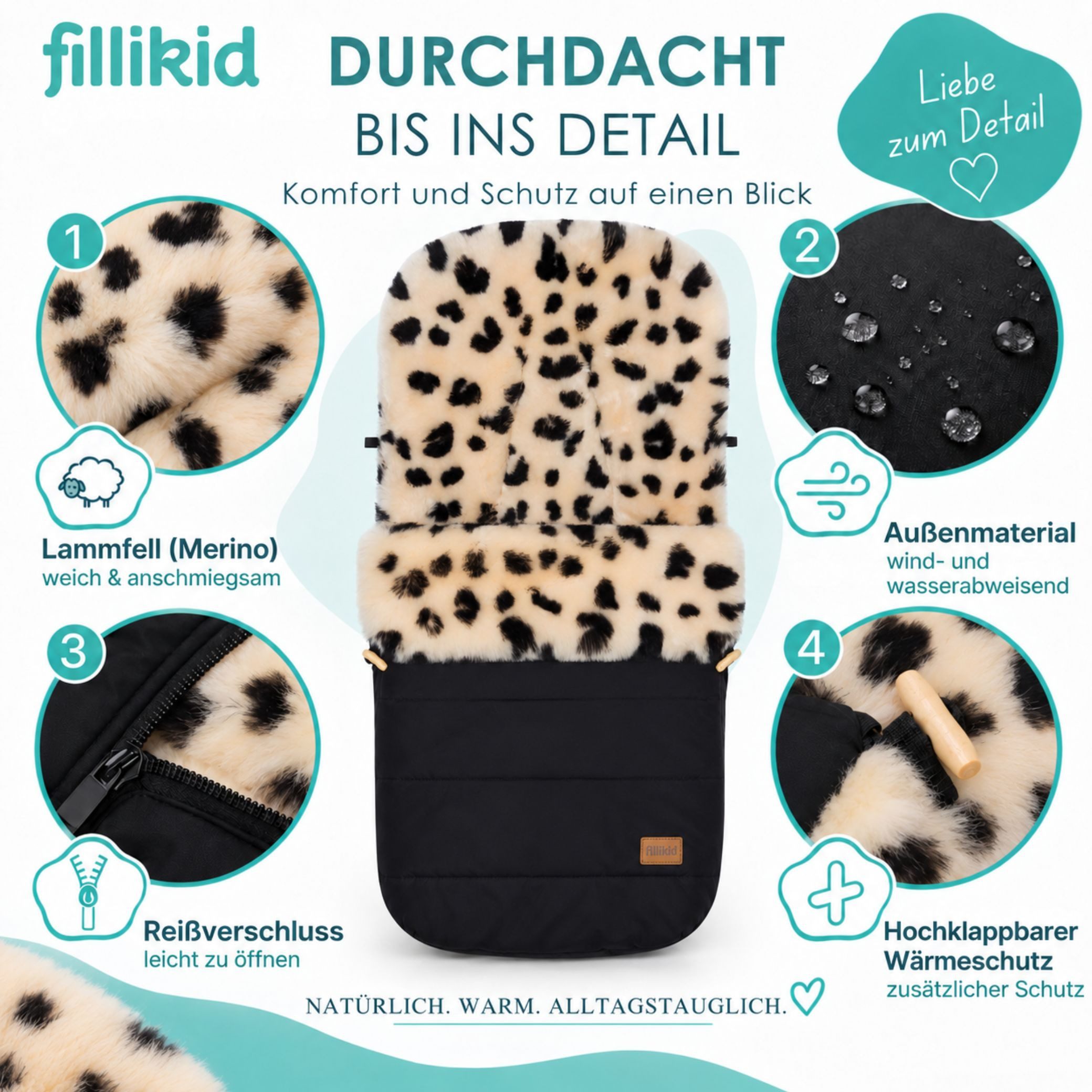 Fillikid Fußsack Winterfußsack Bernina Lammfell Exklusiv, Warmer Winterfußsack mit echtem Merino-Lammfell wasserabweisend und – Bild 3 von 5