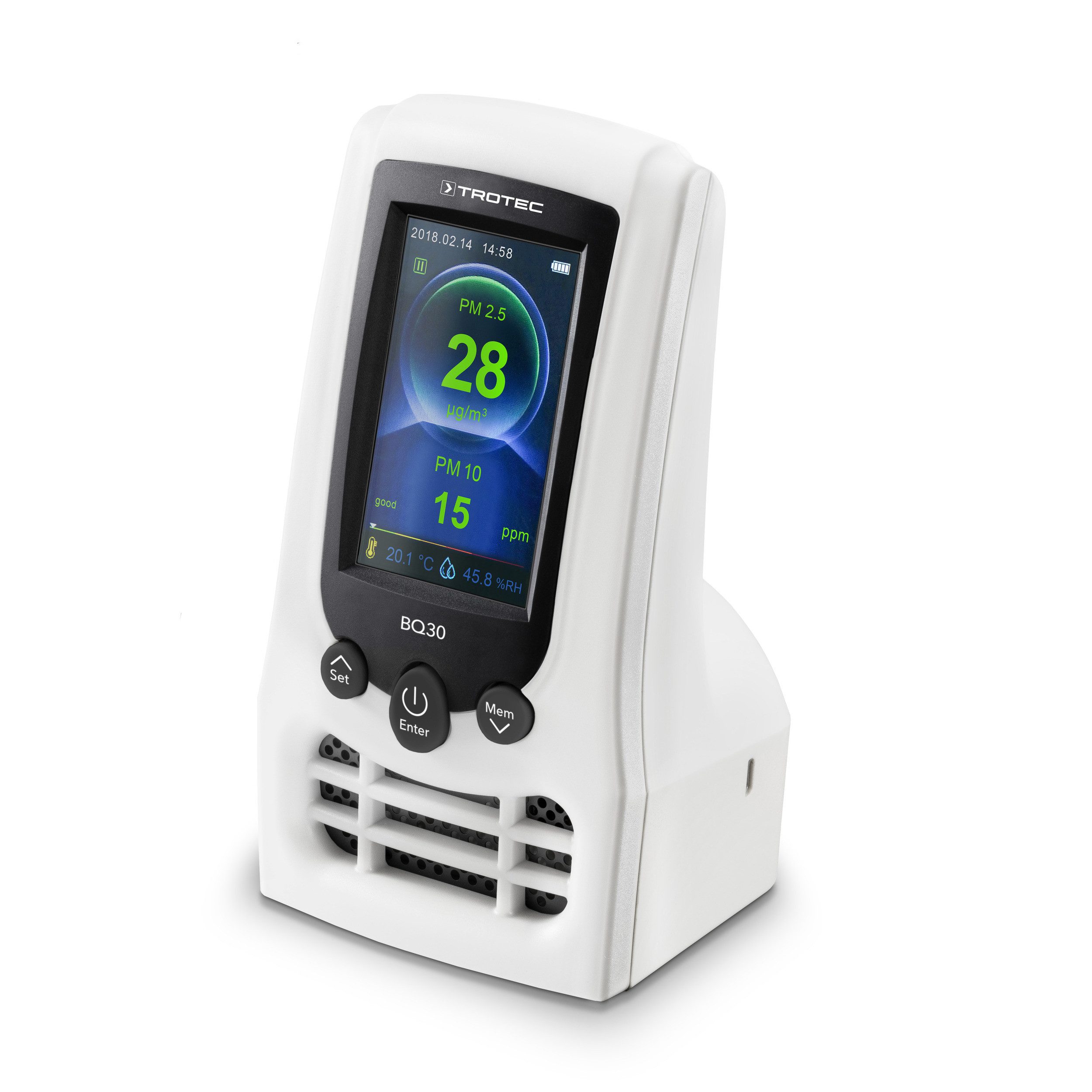 TROTEC Klimamesser CO2-Luftqualitätsmonitor und Partikelmessgerät BQ30, Anzeige von CO2-Belastung, aktueller Raumtemperatur und