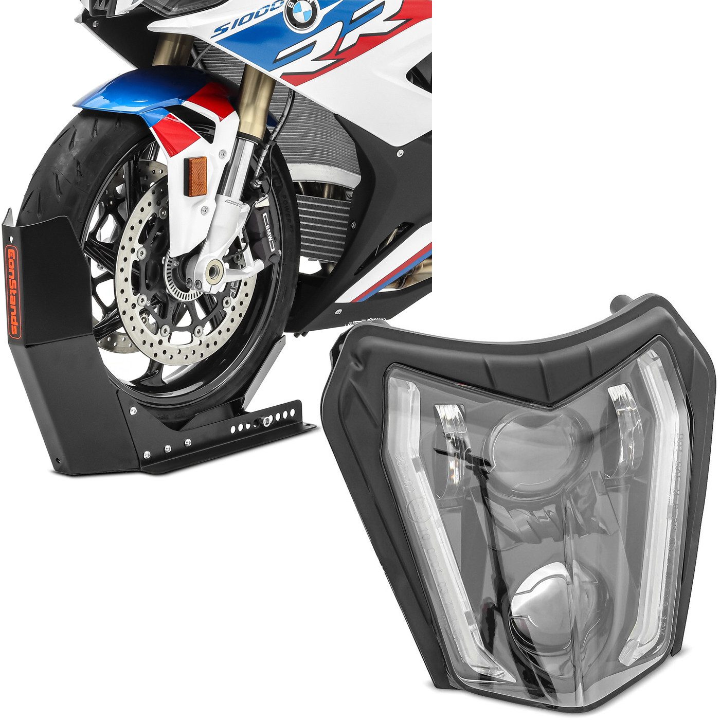 ConStands Motorradheber Set: Transportständer Easy-Fix + LED Scheinwerfer passend für KTM EXC