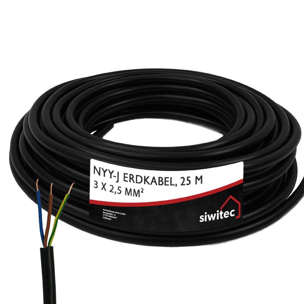 siwitec NYY-Kabel, NYY-J 3 x 2,5 mm2, 25 m Erdkabel, NYY-Kabel, (2500 cm)