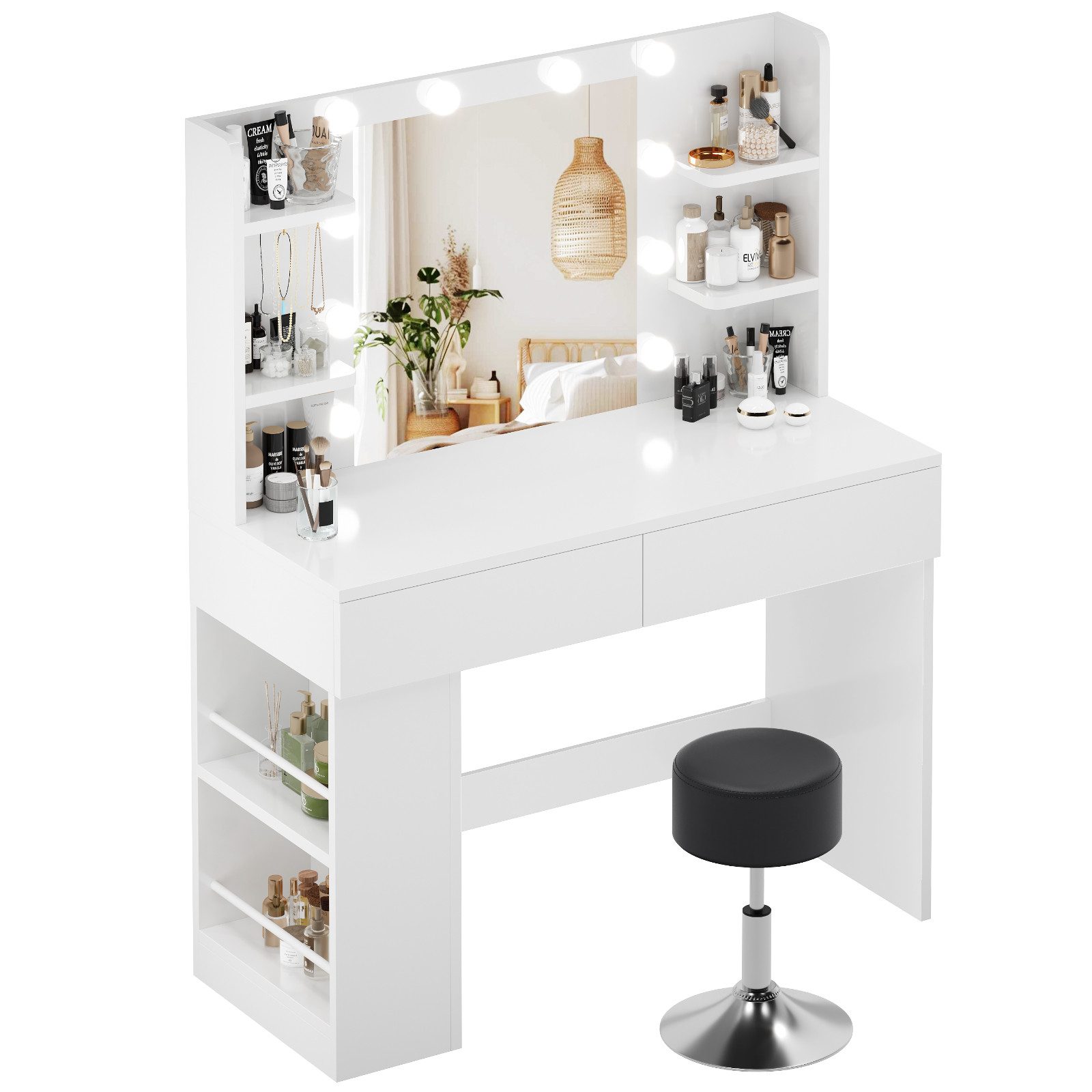 HOMALL Schminktisch Mit dreifarbiger LED-Beleuchtung, Helligkeit einstellbar (Länge × Breite × Höhe) 90 × 40 × 137 cm, mit Steckdose und 2 USB-Anschlüssen, seit – Bild 2 von 5