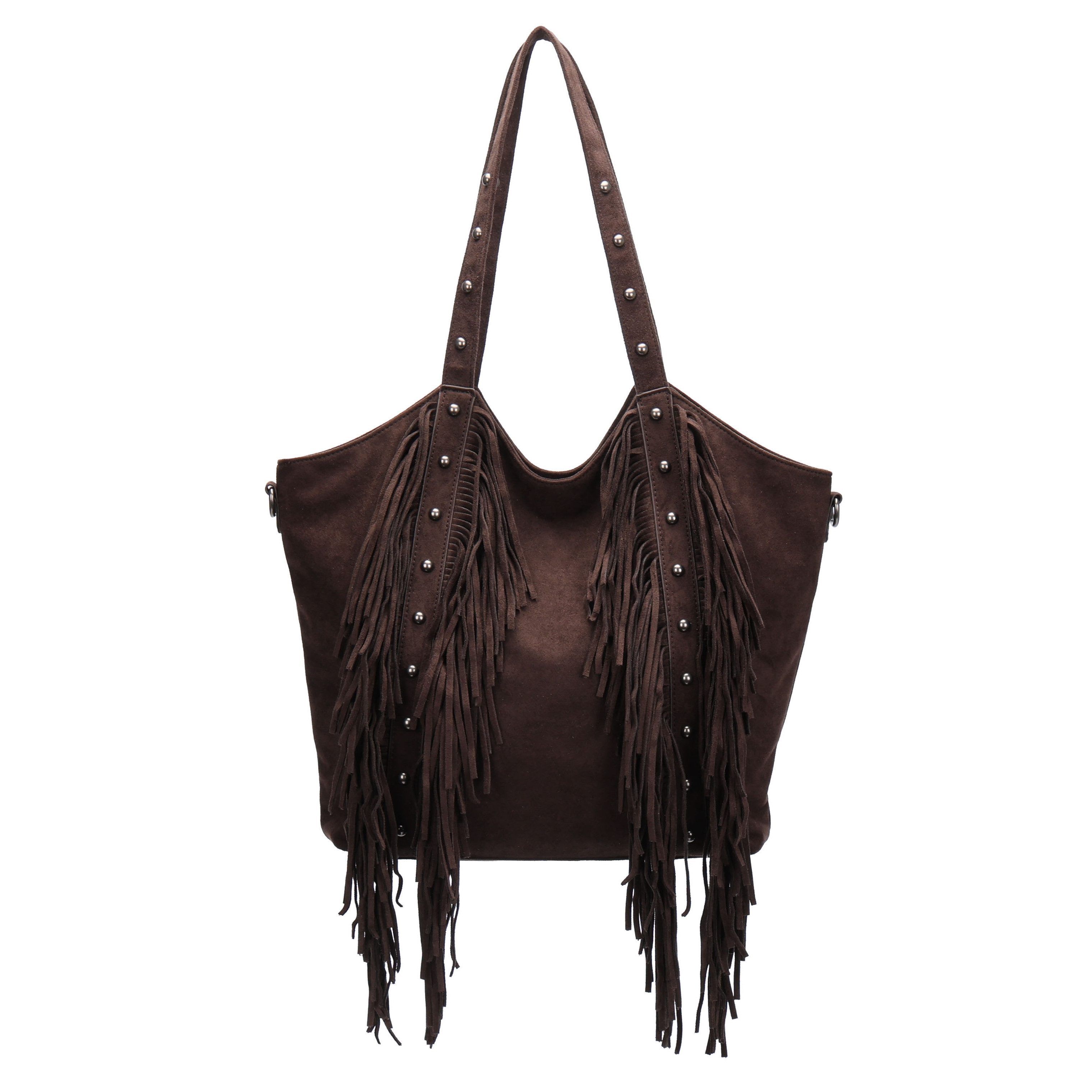 MIRROSI Shopper Damen Fransen Schultertasche Wildleder-Optik aus Polyester (Neue Kollektion Herbst/Winter 2026, ca. 45 x 9 x 36 cm), mit Fransen, Nieten & Umhängeriemen