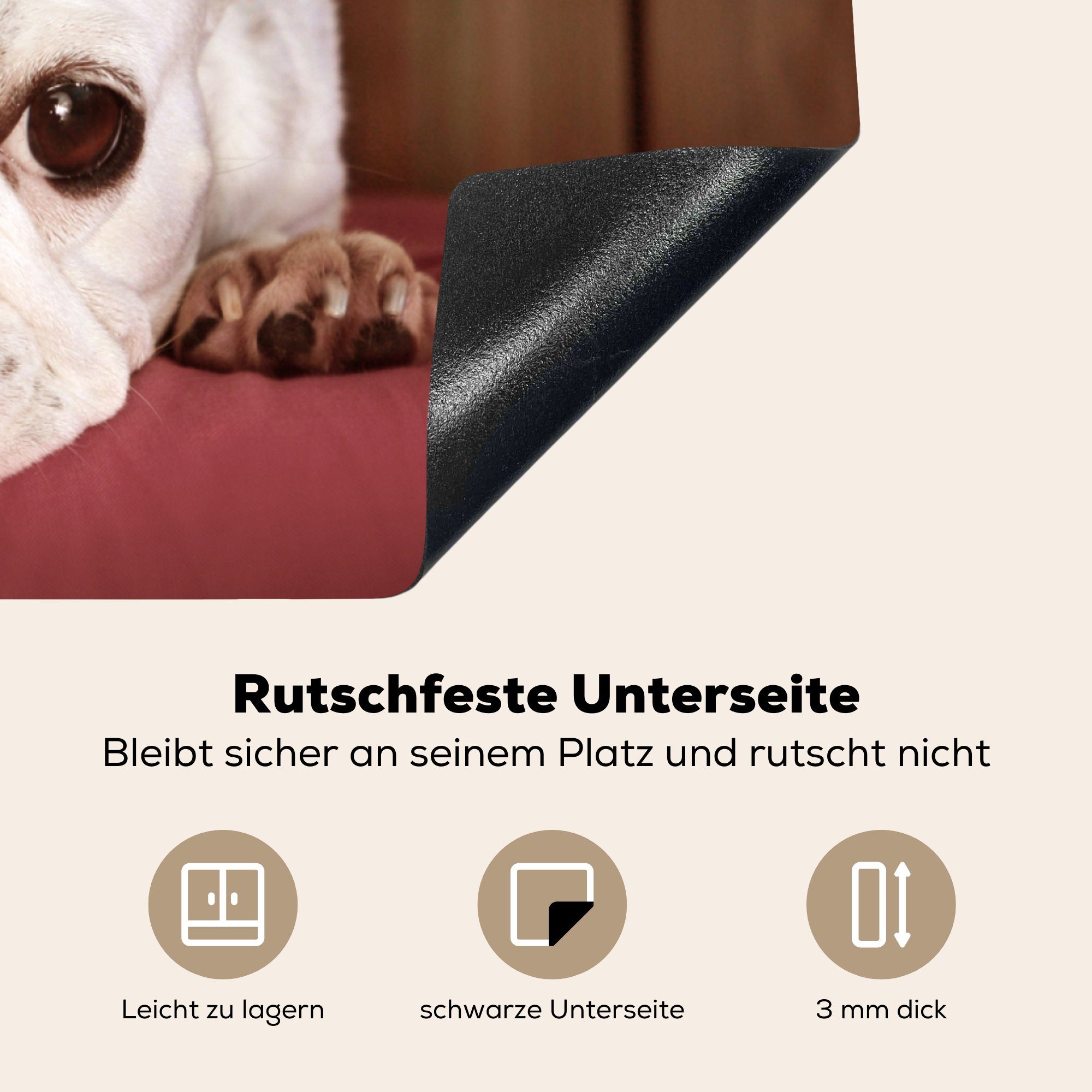 - Vinyl, - Kerzen, Bulldogge küche tlg), für cm, Herdblende-/Abdeckplatte Französische Cupcake MuchoWow Arbeitsplatte 78x78 (1 Ceranfeldabdeckung,