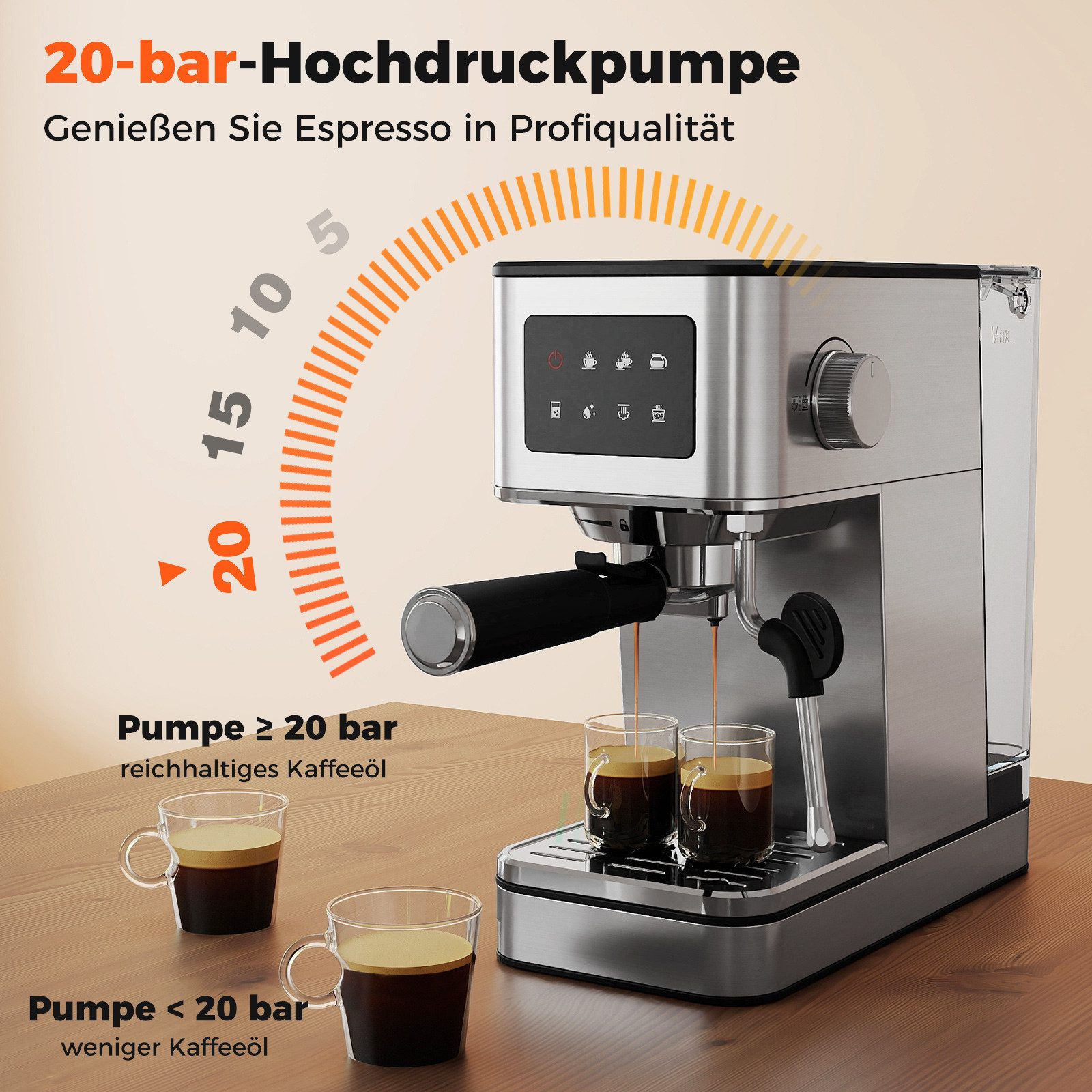 COSTWAY Espressomaschine, 20 Bar, mit Milchaufschäumer & 1,7L Tank, Touch