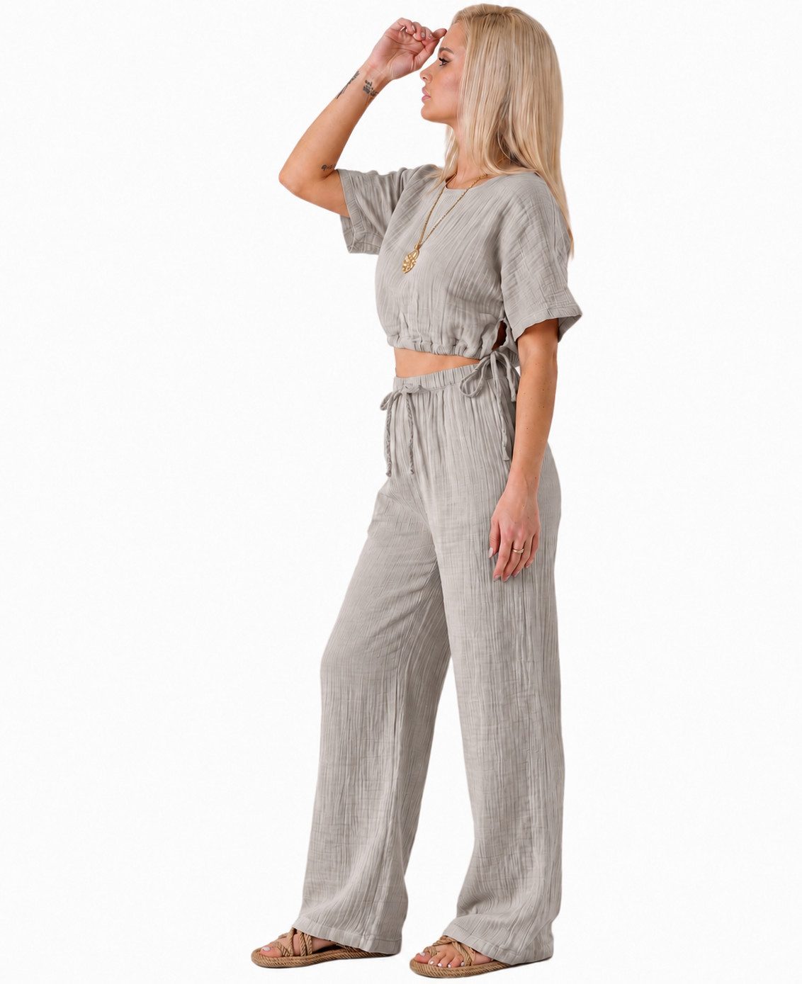 WENOR Palazzohose Damen Musselin-Hose - Sommerhose 100 % Baumwolle, elastischer Bund Weiter Beinverlauf, Musselinstruktur, luftiger Schnitt