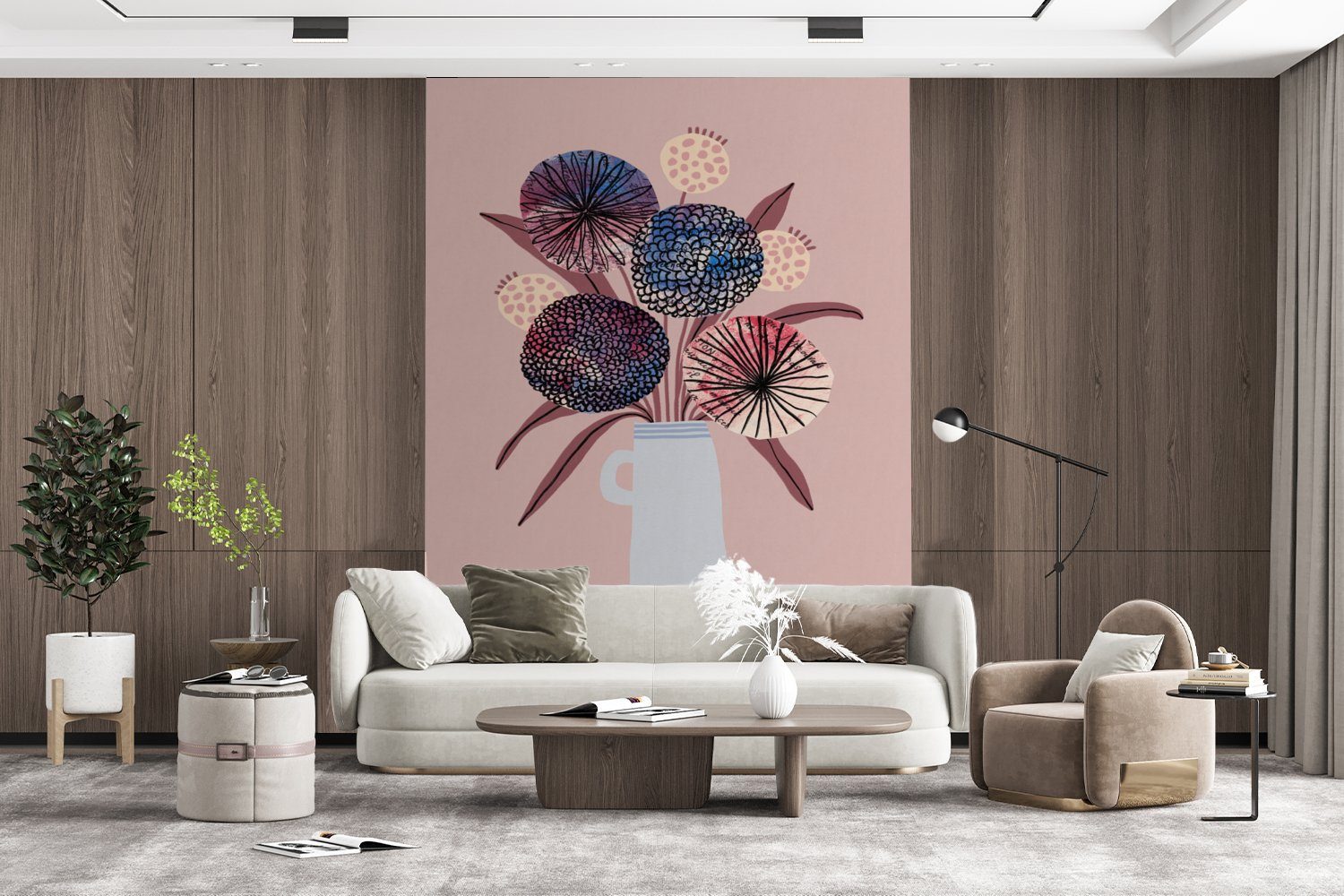 (4 Vinyl Blumen Vase St), MuchoWow Matt, Tapete - Pflanzen, Wohnzimmer, - Pastell - bedruckt, Fototapete Montagefertig für Wandtapete